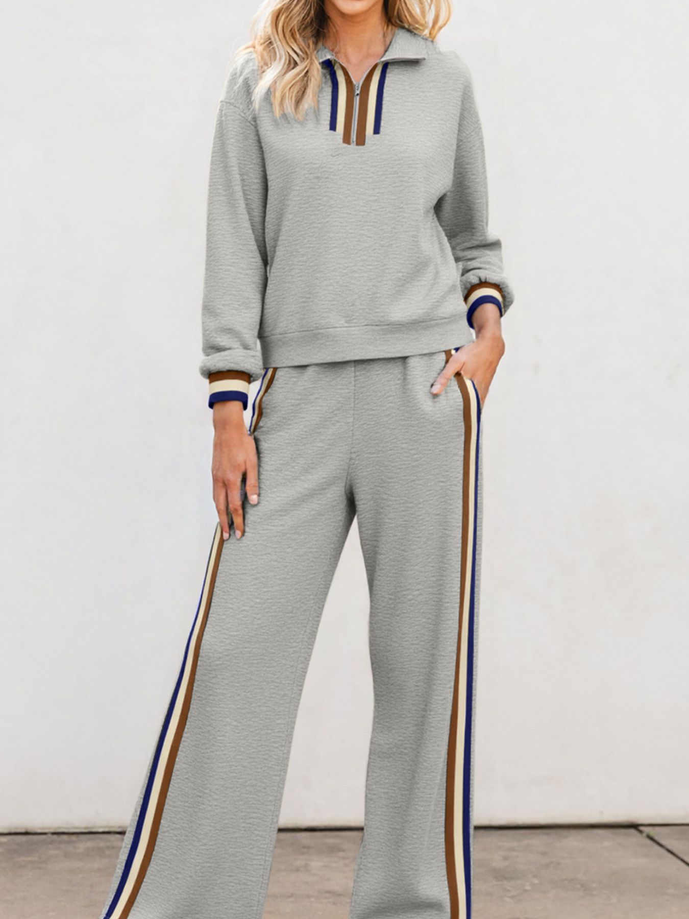 Casual Striped Trim Top and Pants Set