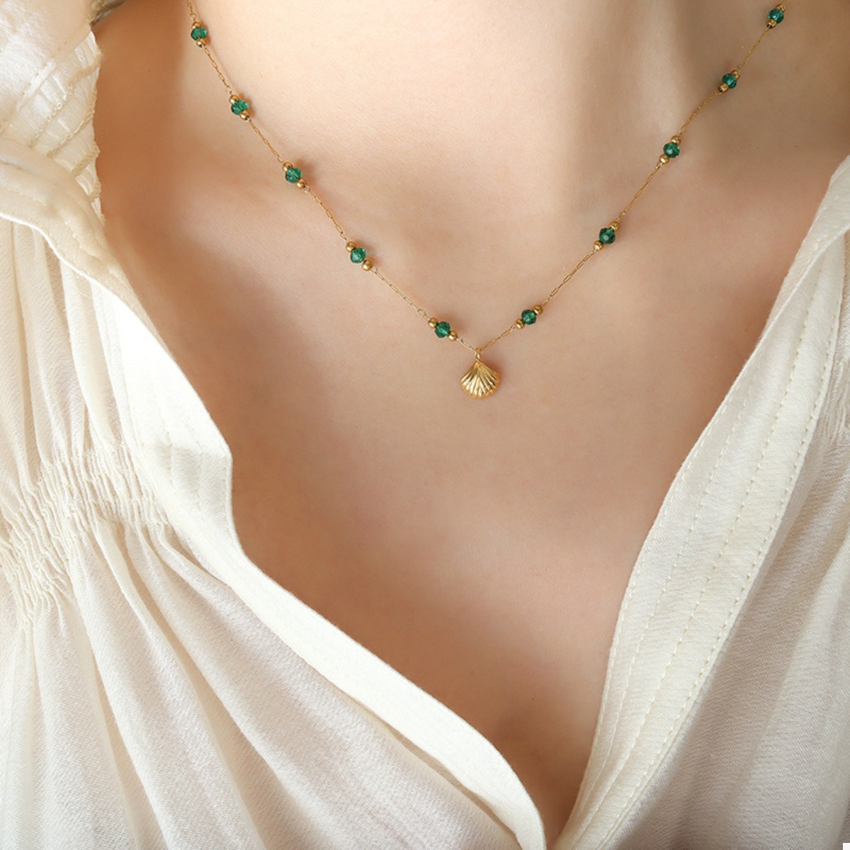 18K Gold-Plated Titanium Steel Crystal Bead Pendant Necklace