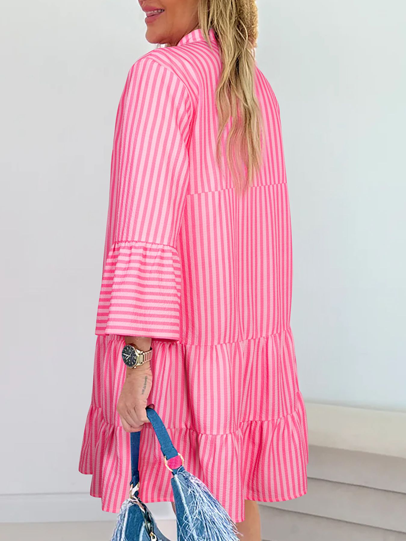 Stripe Flare Sleeve Half Placket Tiered Flowy Mini Dress