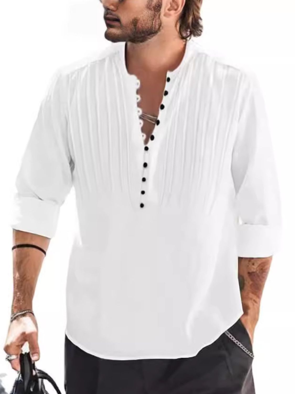 Men's Full Size Button Detail Long Sleeve Polo Plus Size