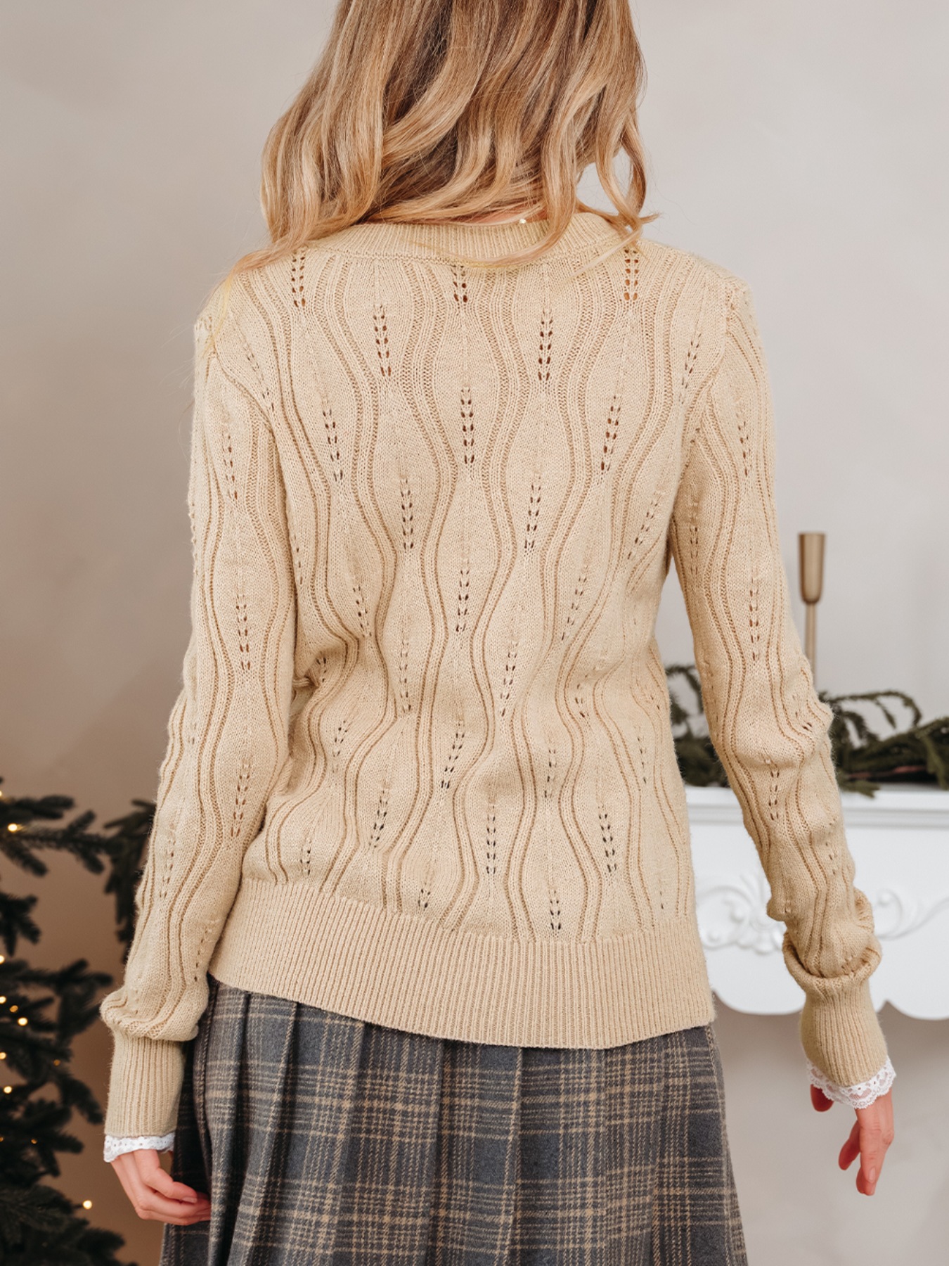 Pearl-Embellished V-Neck Pullover Sweater