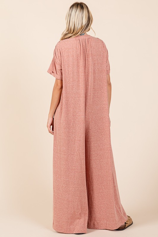 Button Detail Short Sleeve Wide Leg Jumpsuit