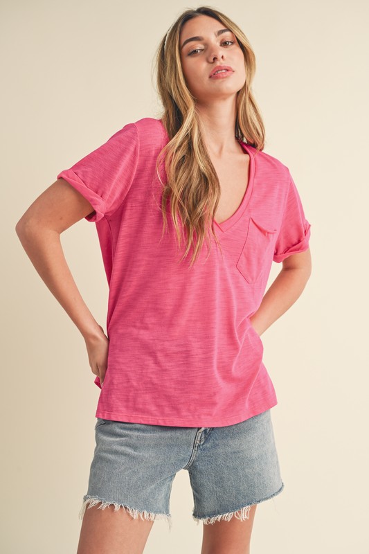 Side Slit V-Neck Short Rolled Sleeve T-Shirt