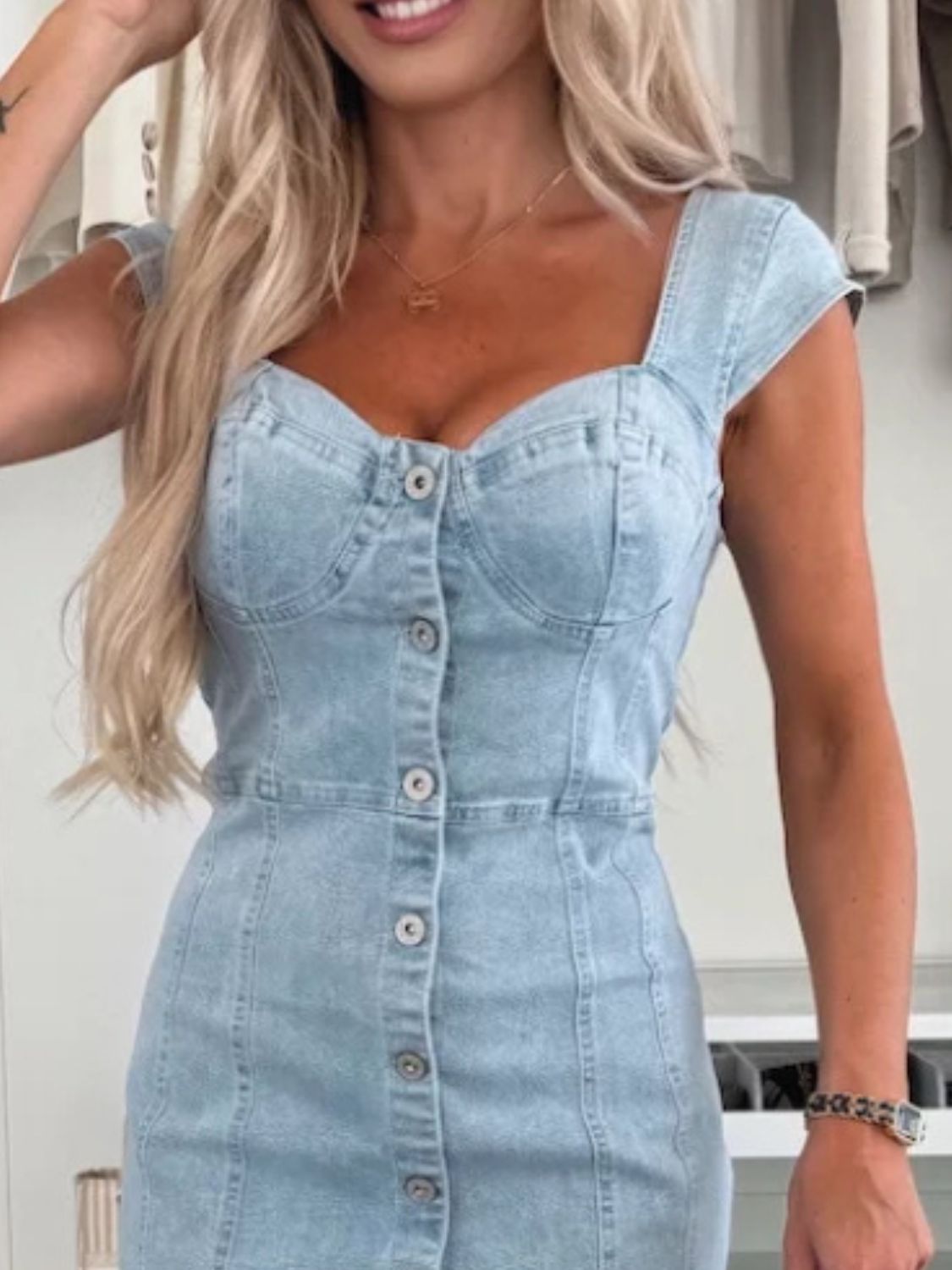 Sweetheart Neck Cap Sleeve Denim Dress