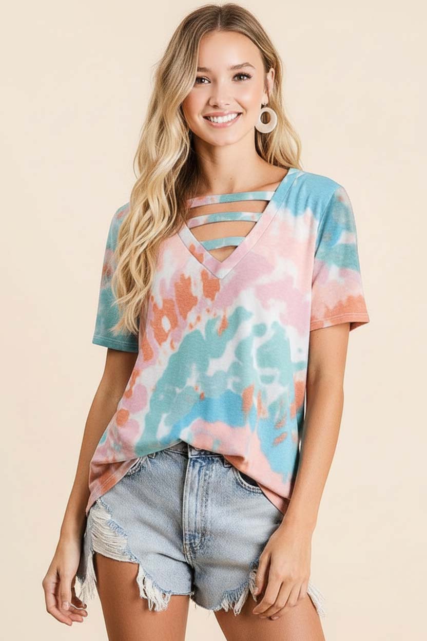Tie-Dye V-Neck Cutout Short Sleeve T-Shirt