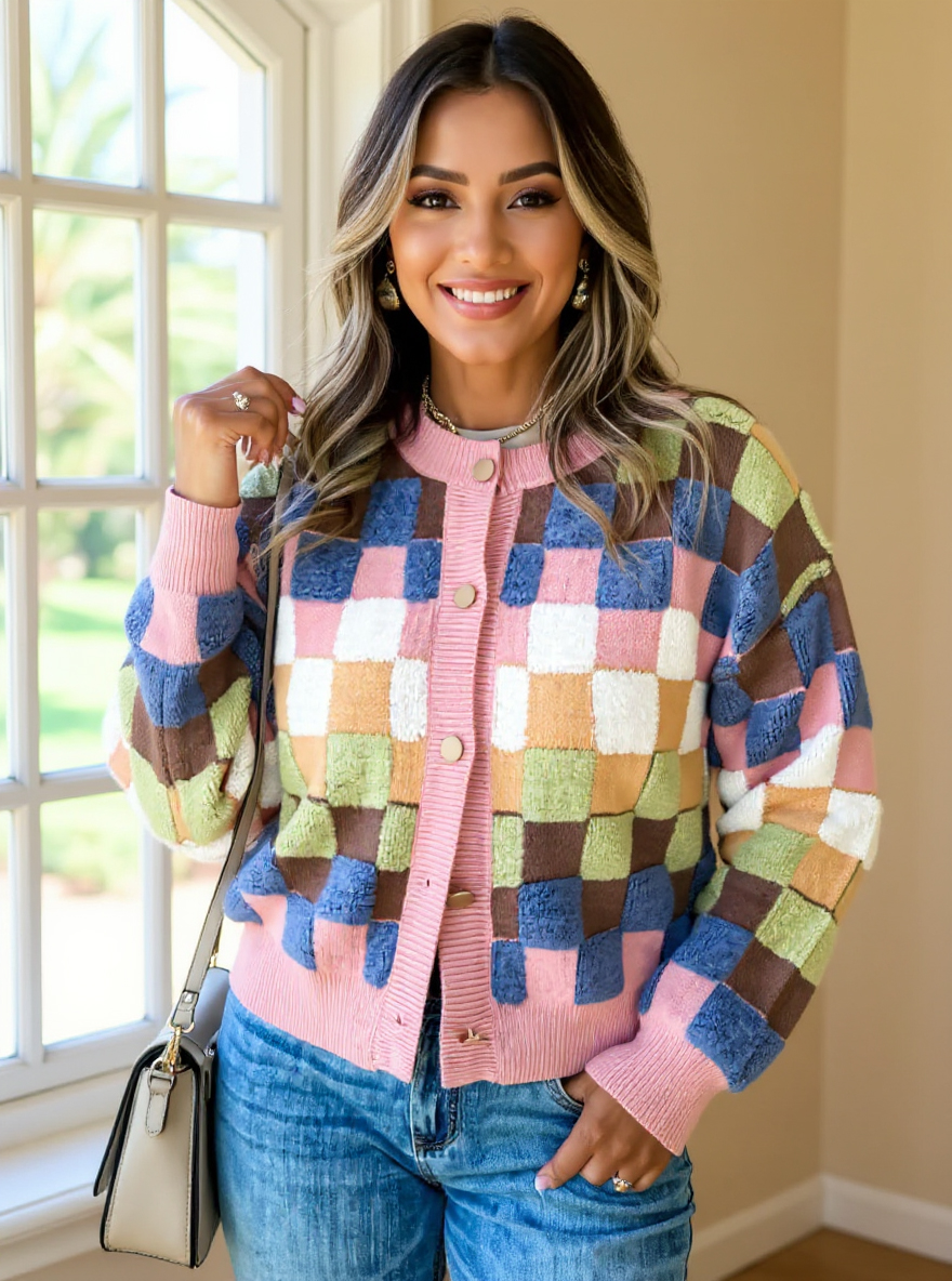 Checkered Pattern Button Front Cardigan