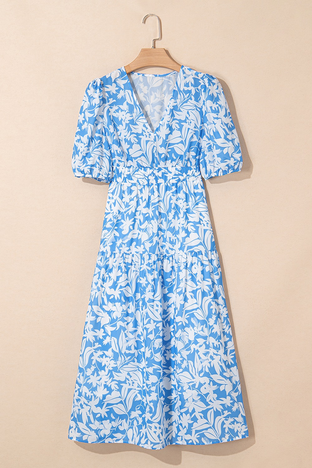 Floral V Neck Puff Short Sleeve Flowy Dress