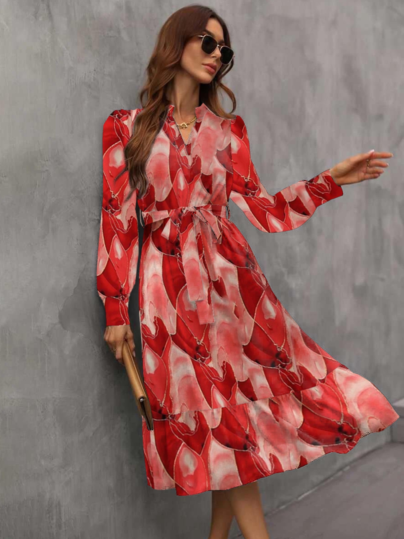 Notched Tie Waist Long Sleeve Dress