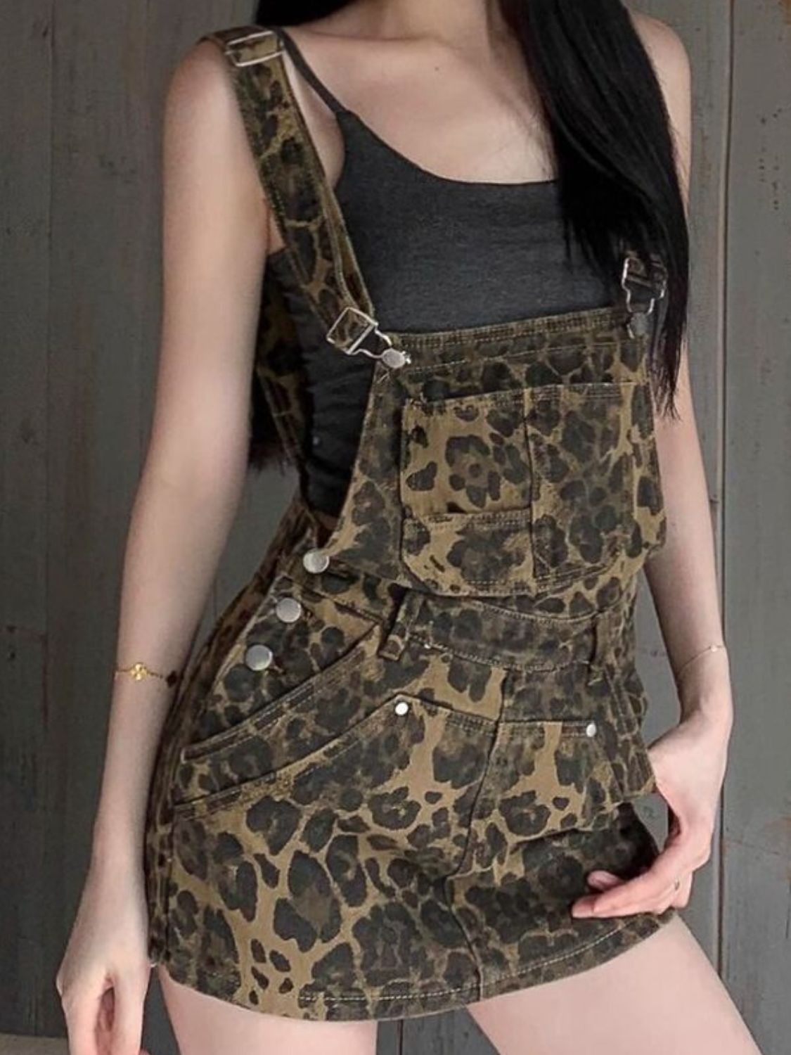 Leopard Print Denim Overall Dress