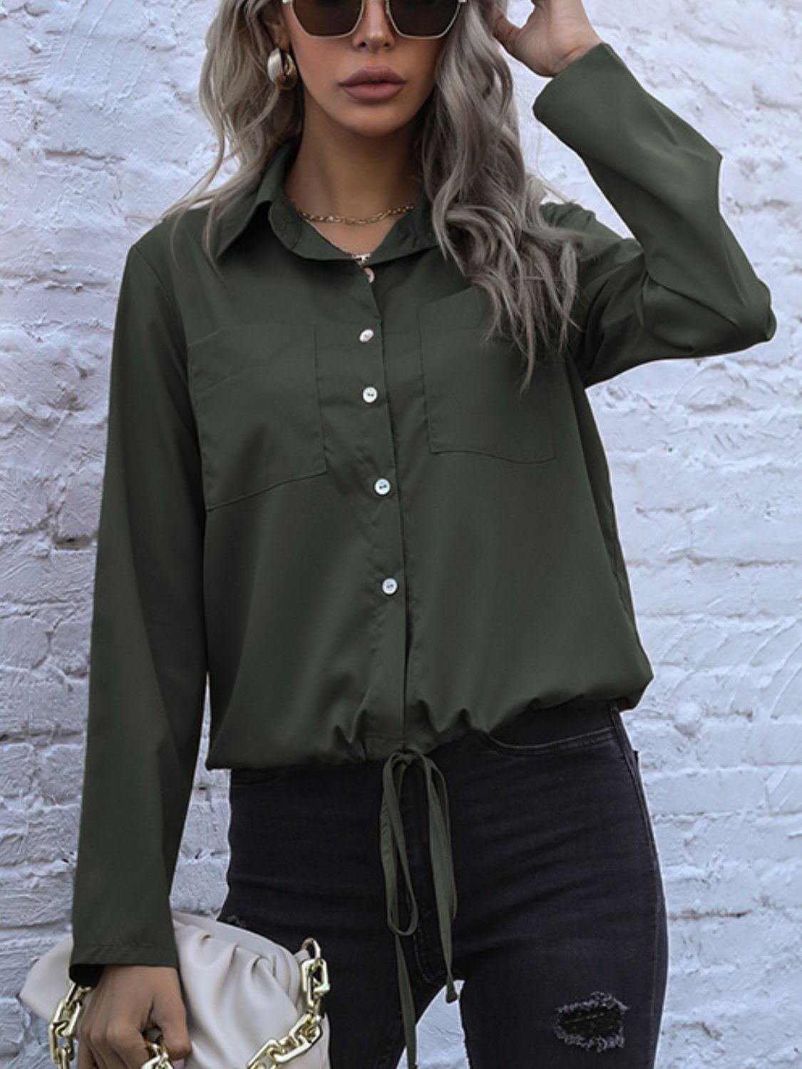 Tied Hem Button Down Long Sleeve Shirt