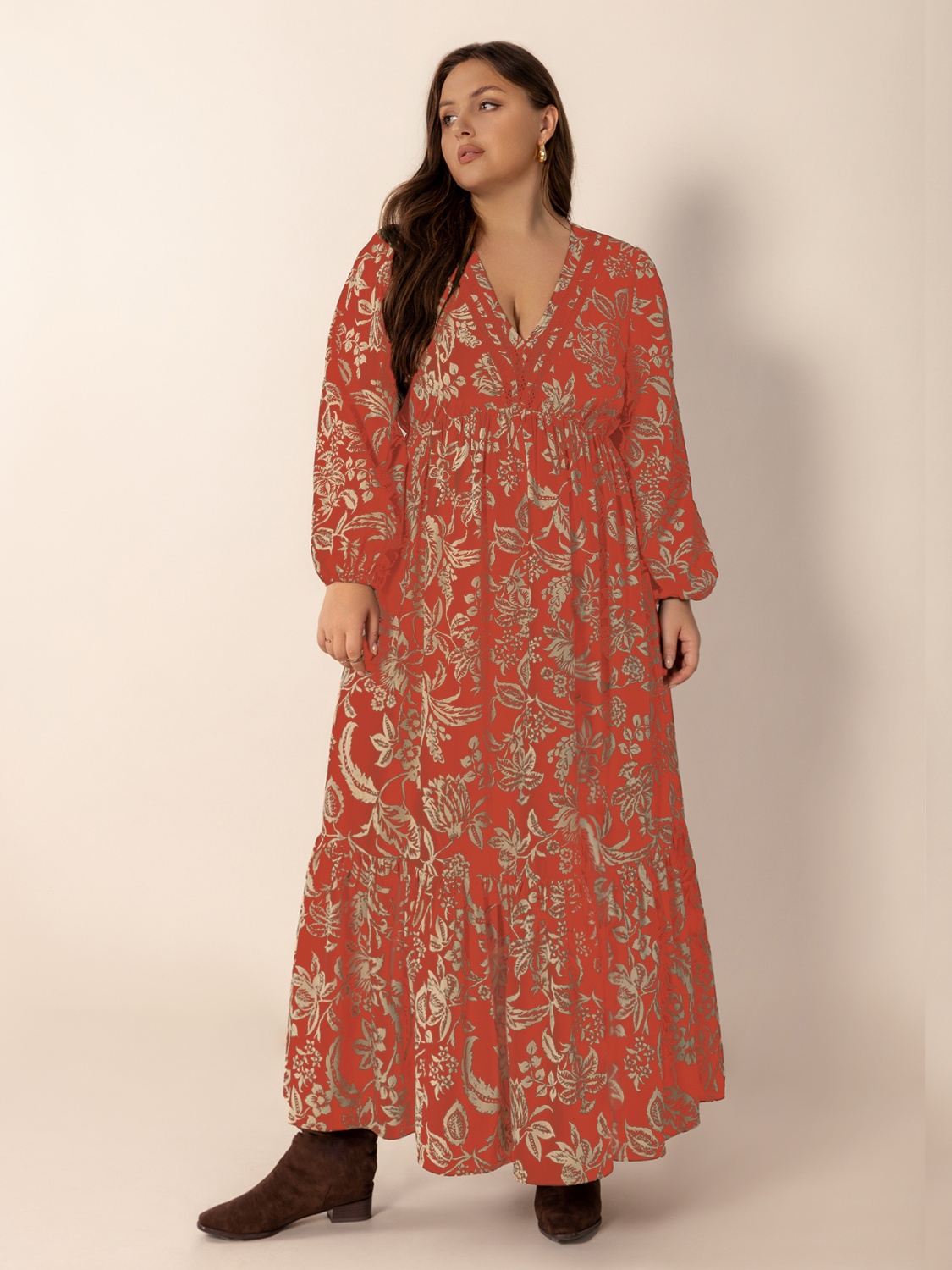 Plus Size Lace Detail Printed Balloon Sleeve Midi Dress