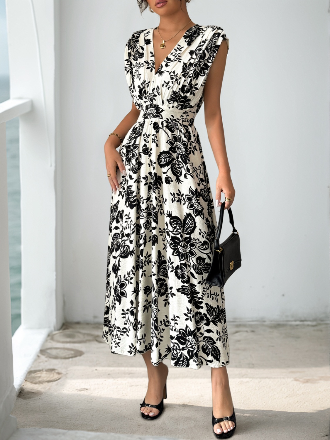 Printed V-Neck Cap Sleeve Dress