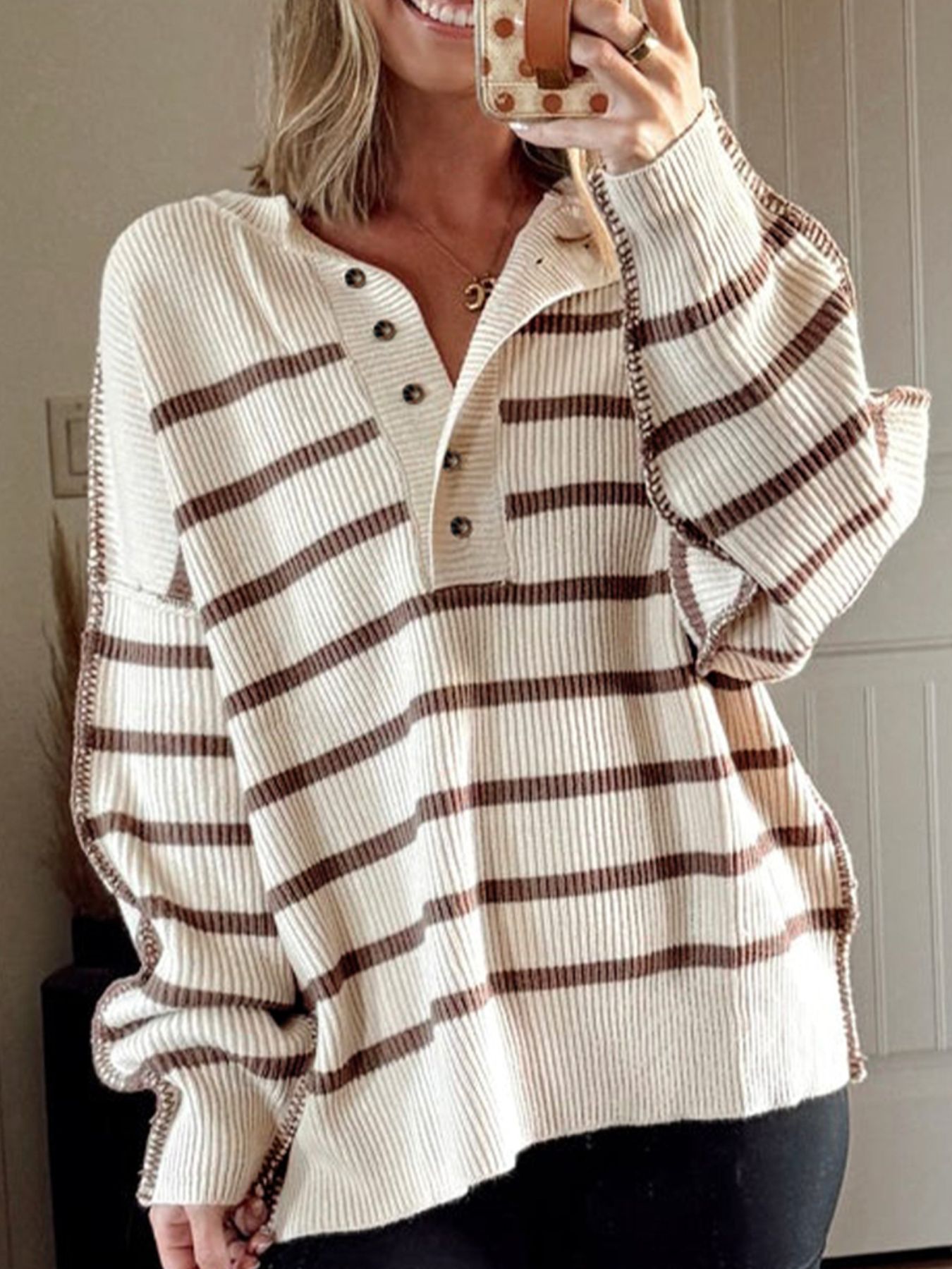 Stripe Ribbed Henley Drop Shoulder Slouchy Sweater