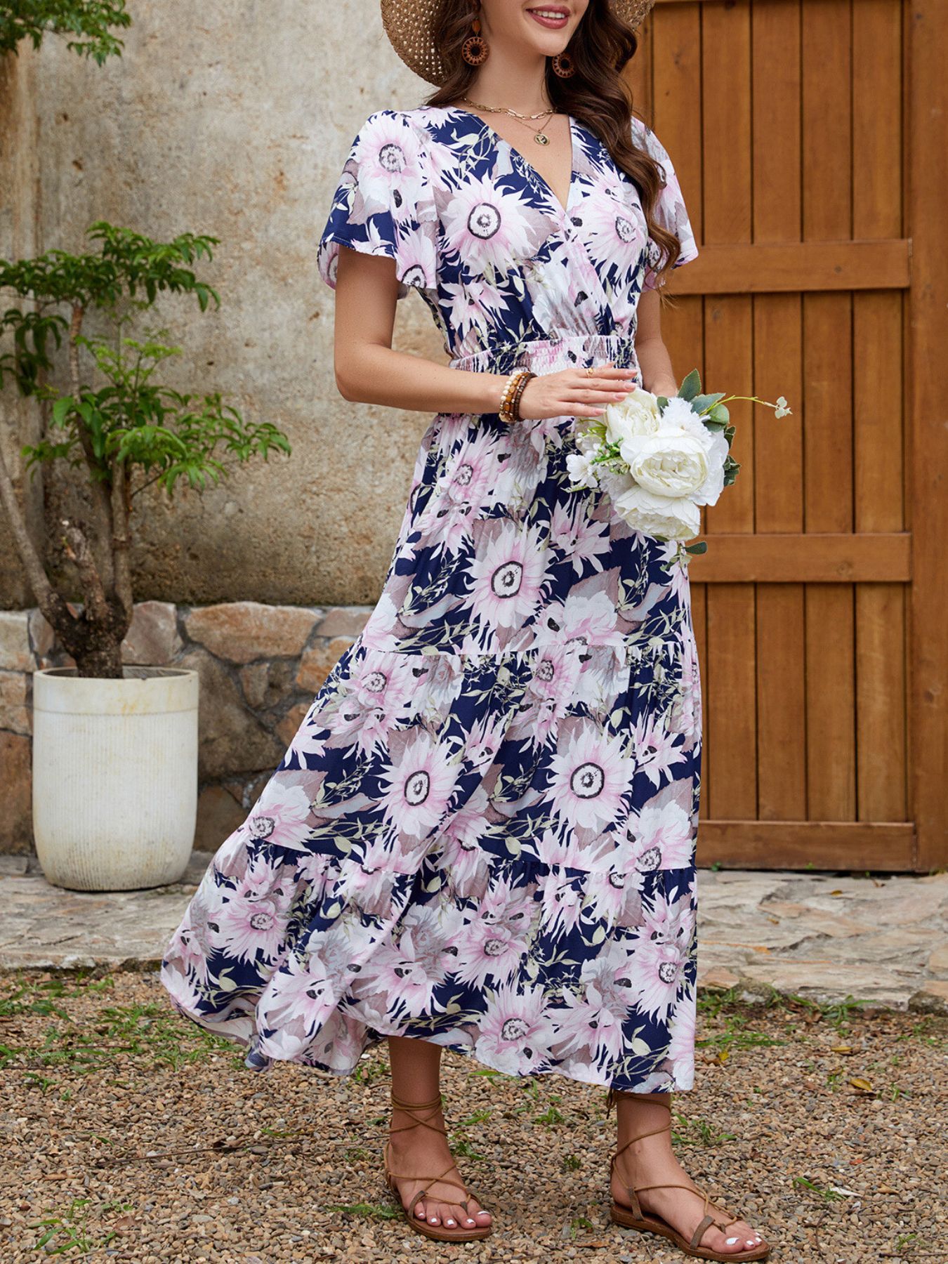 Floral Print Surplice Midi Dress