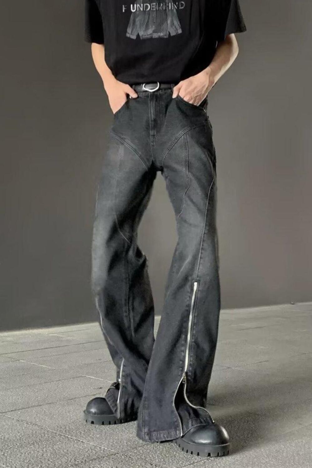 Men's Plus Size Washed Flare Jeans with Zipper Detail