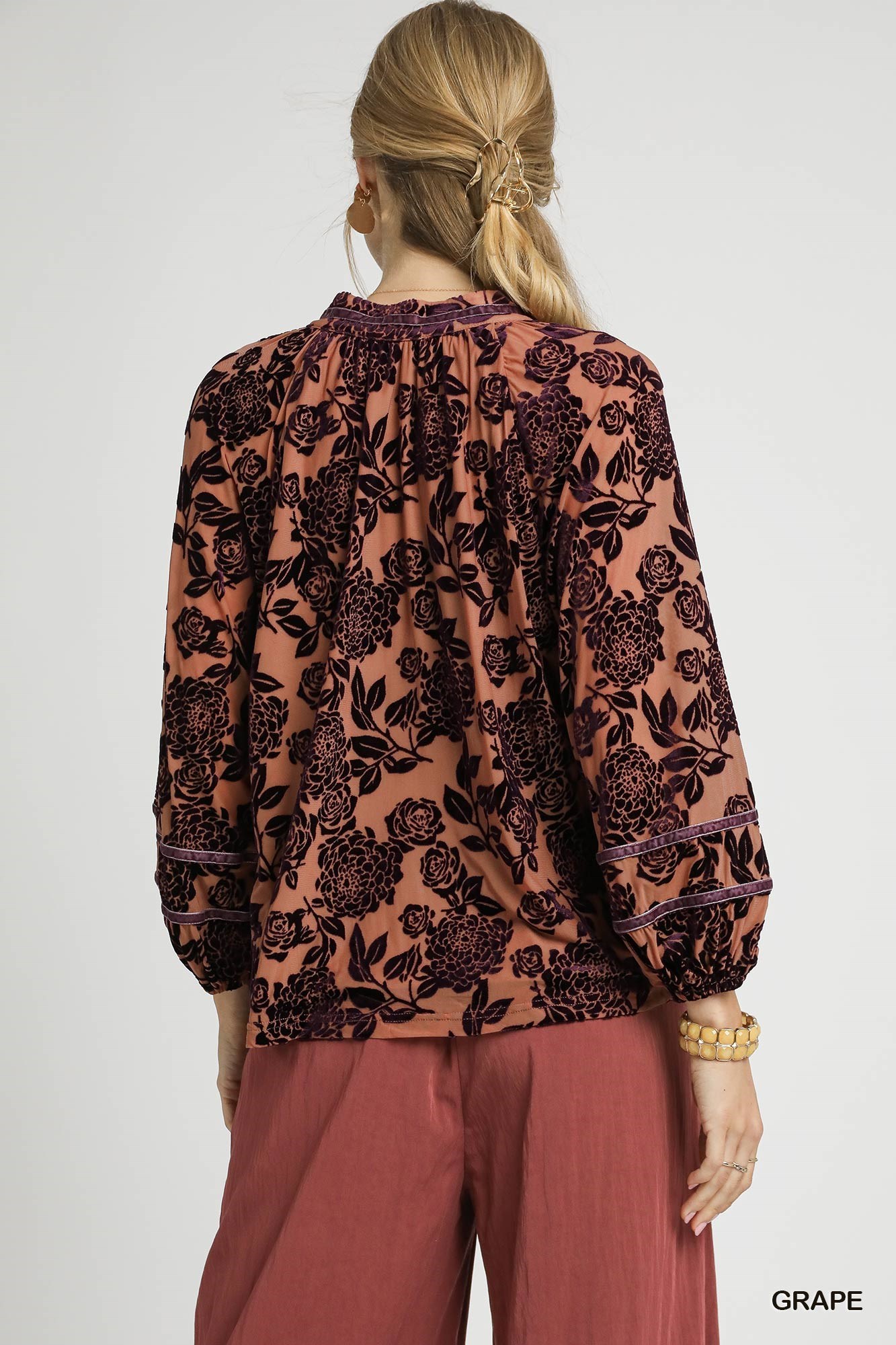 Umgee Floral Velvet Blouse with Balloon Sleeves