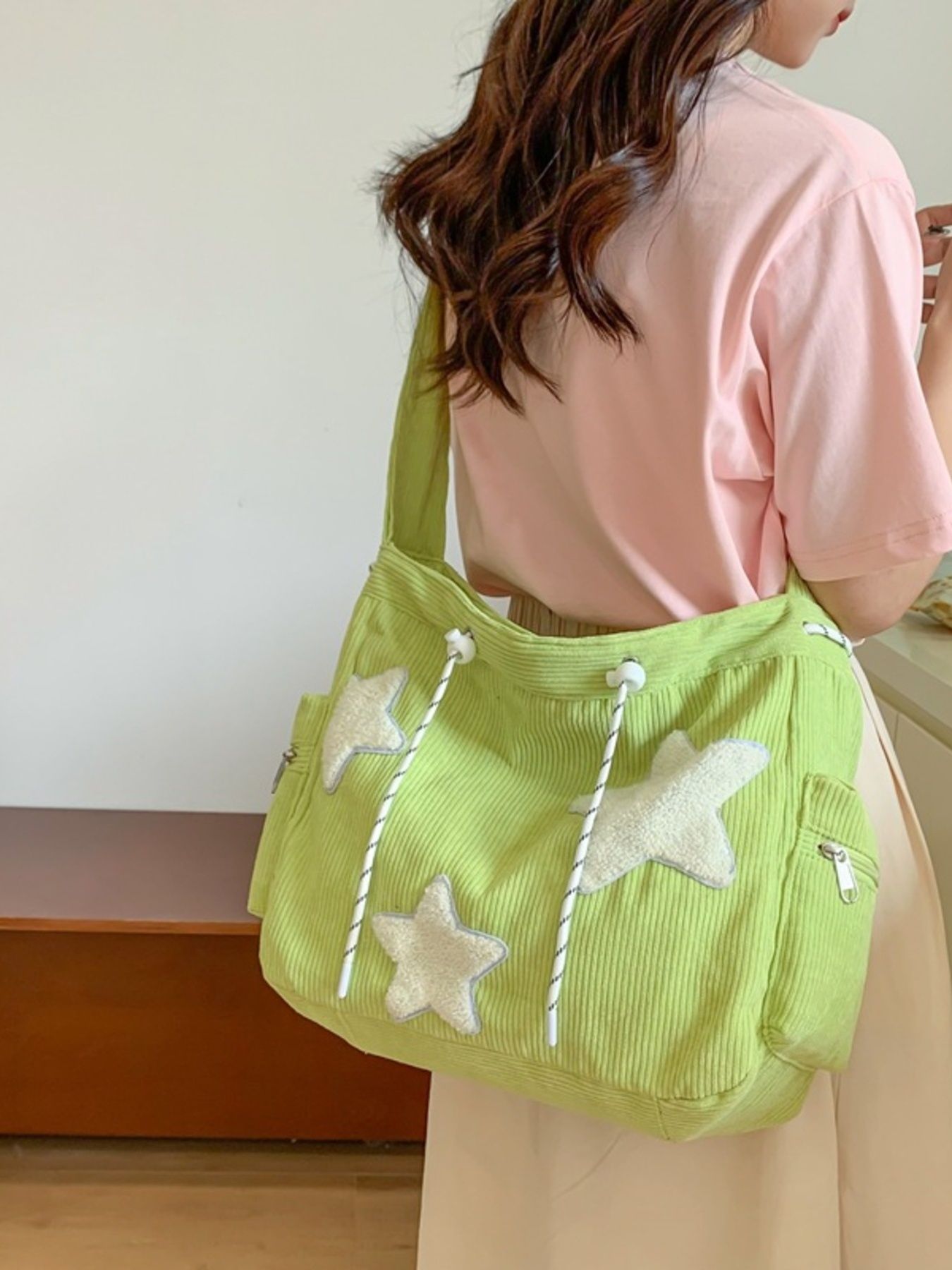 Corduroy Star Applique Casual Crossbody Bag