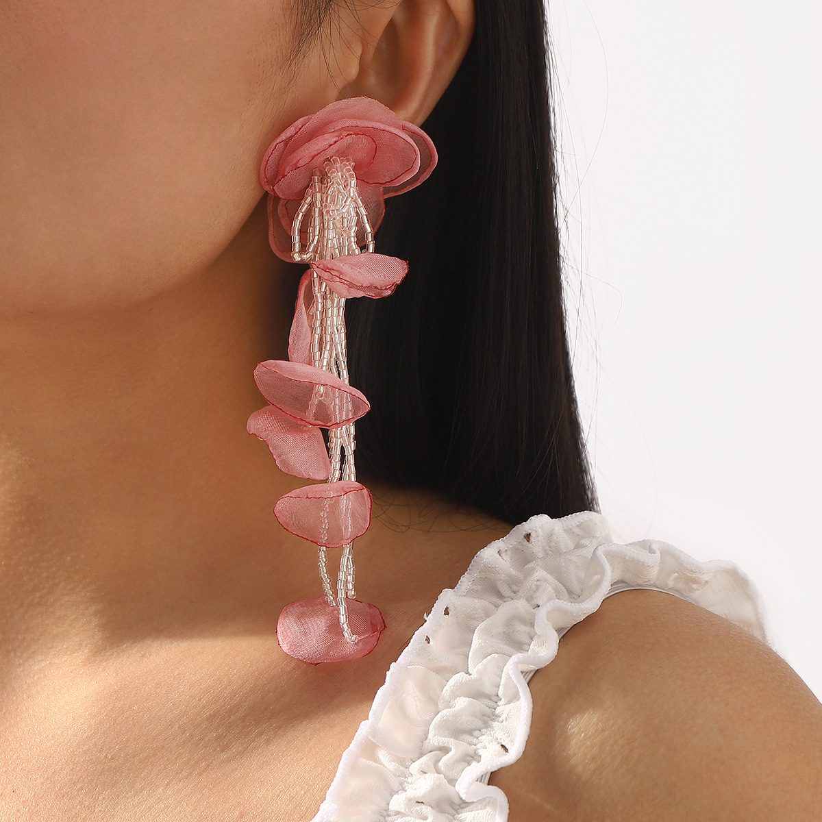 Floral Petal Beaded Tassel Drop Earrings