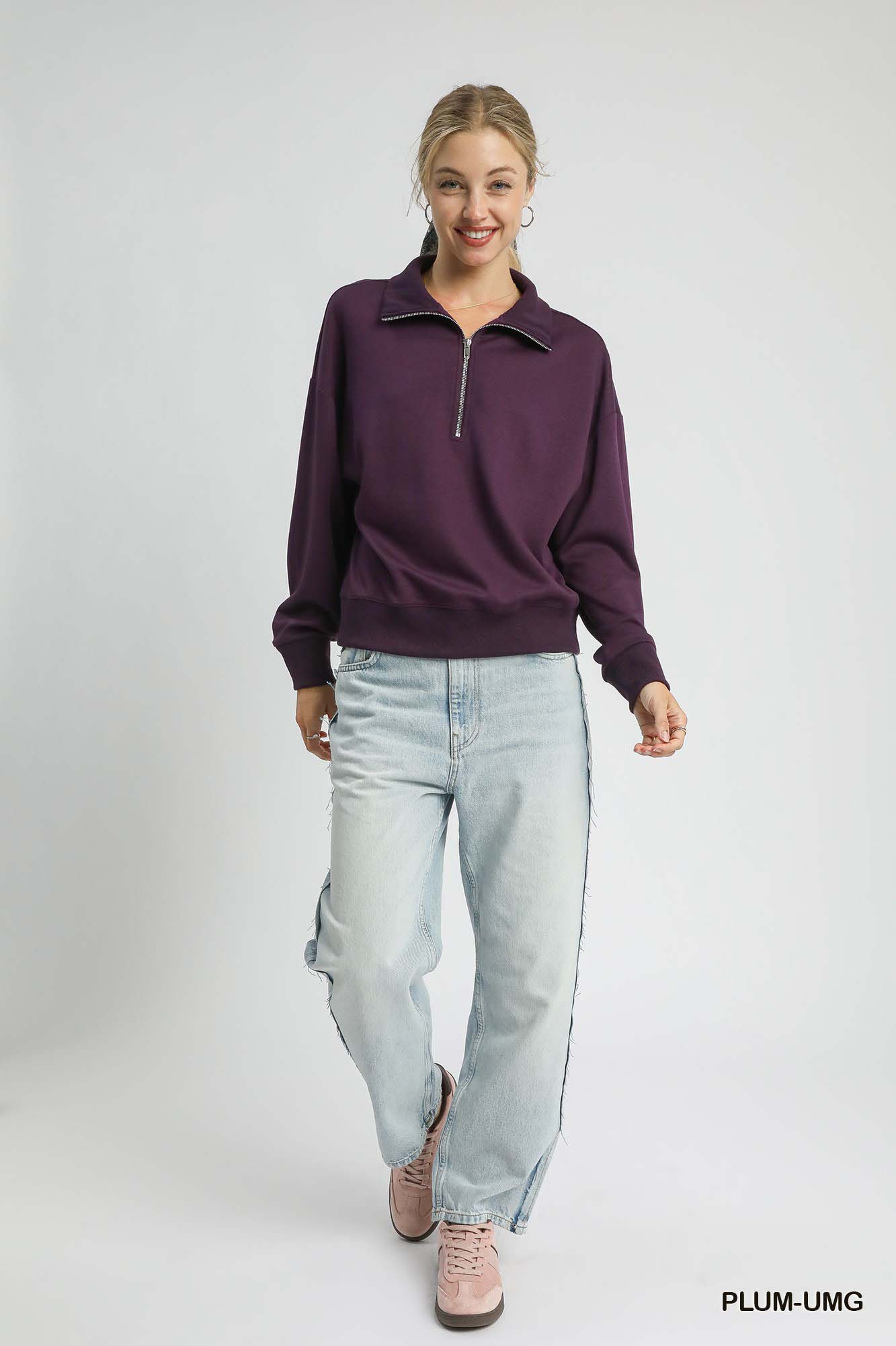 Umgee Half Zip Drop Shoulder Sweatshirt