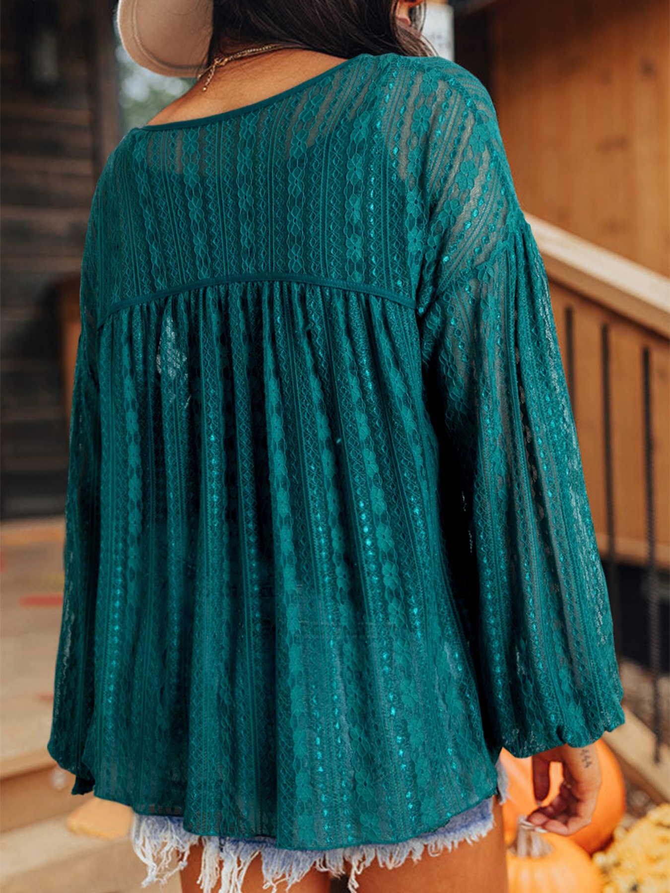 Lace Tie Neck Long Sleeve Blouse