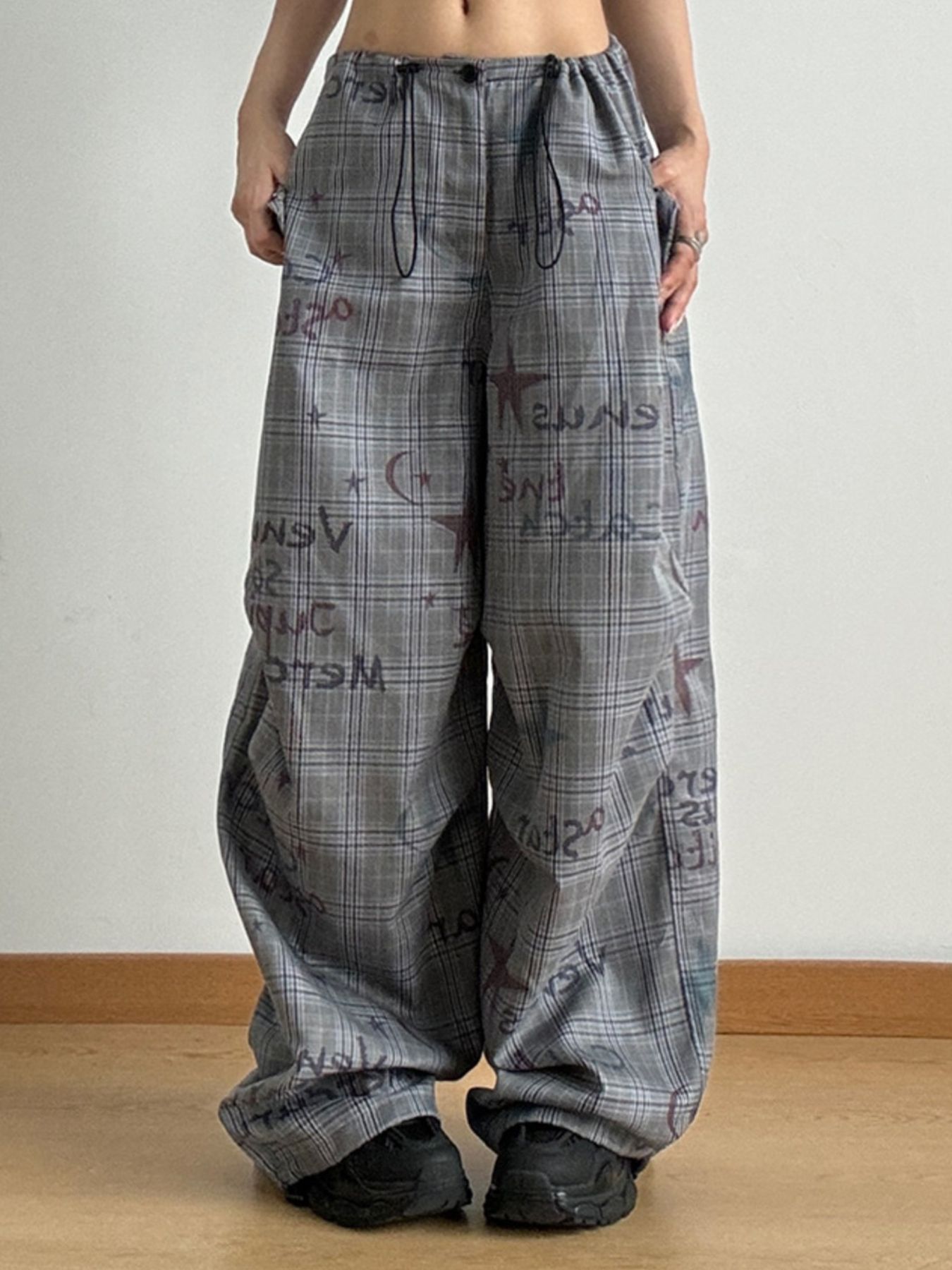 Drawstring Plaid Wide Leg Pants