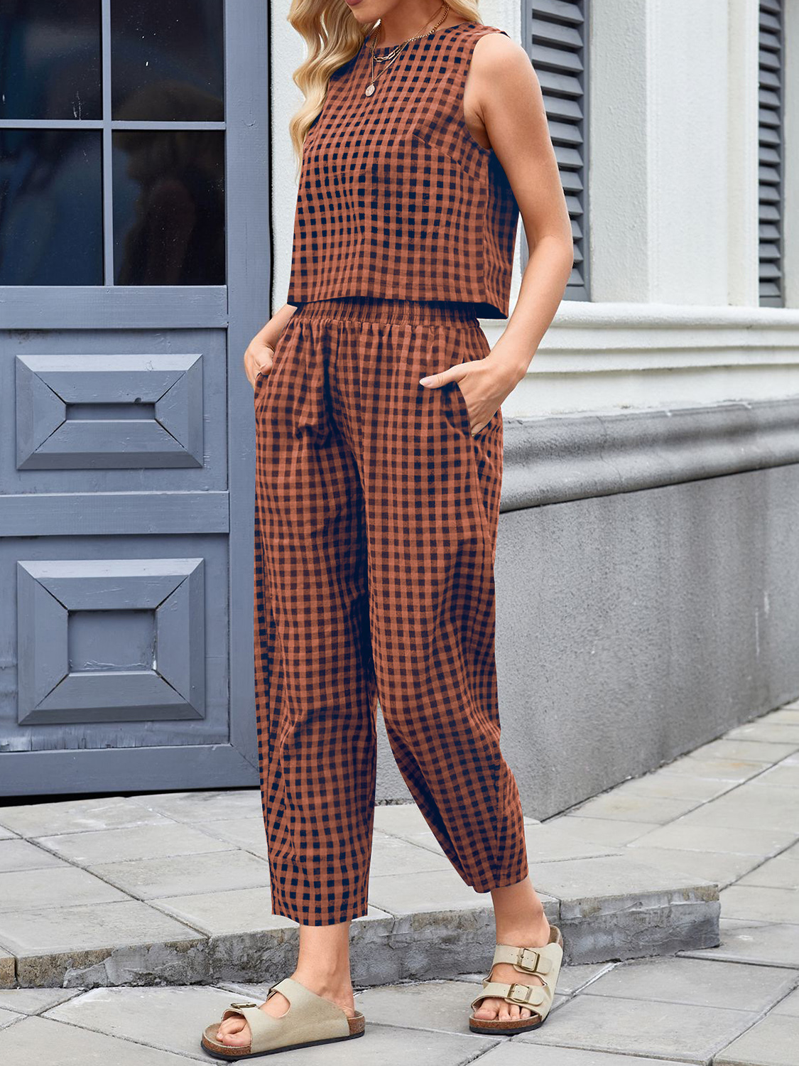Plaid Round Neck Sleeveless Top and Pants Set