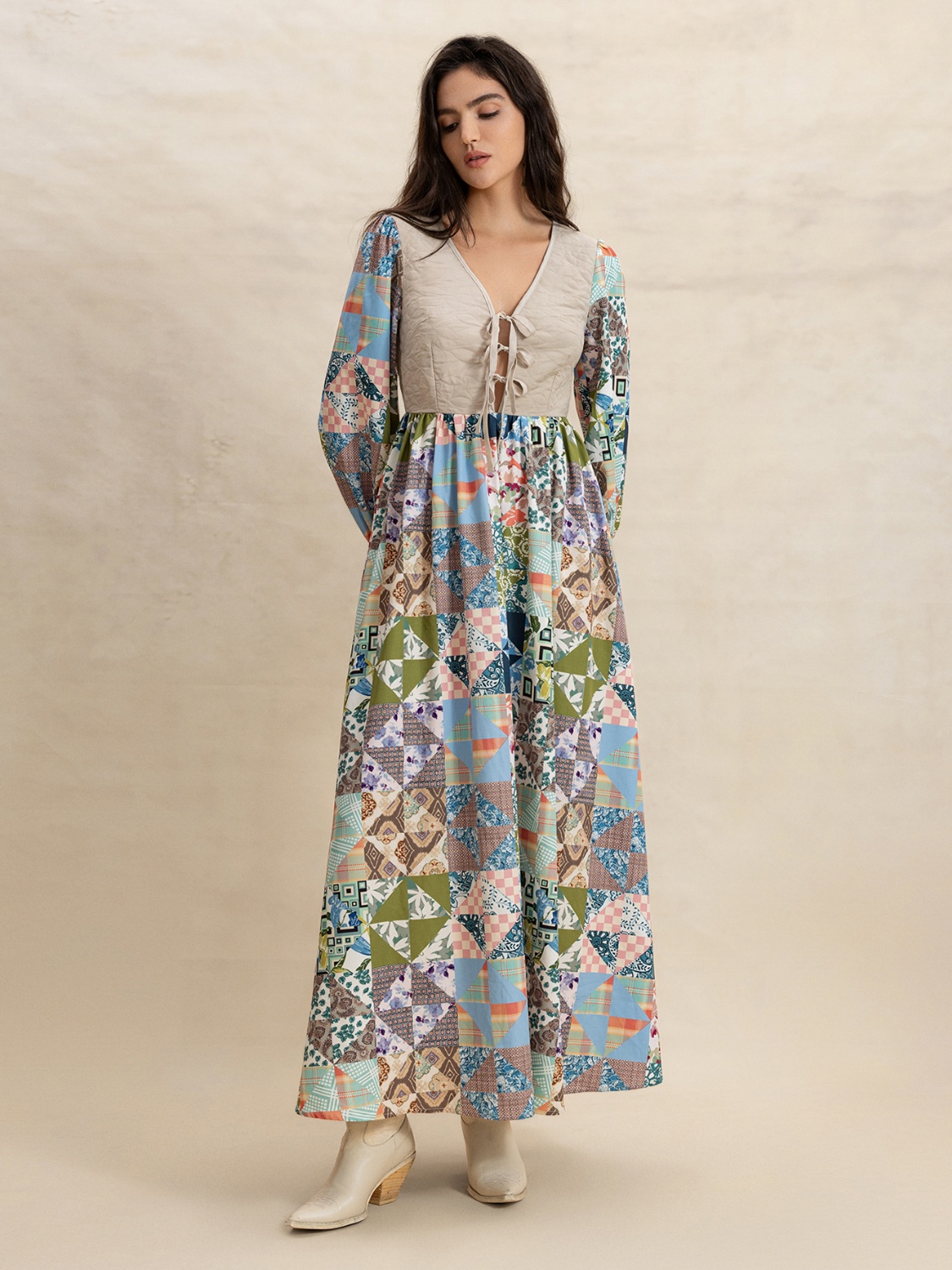 Tied Front Printed Long Sleeve Maxi Dress