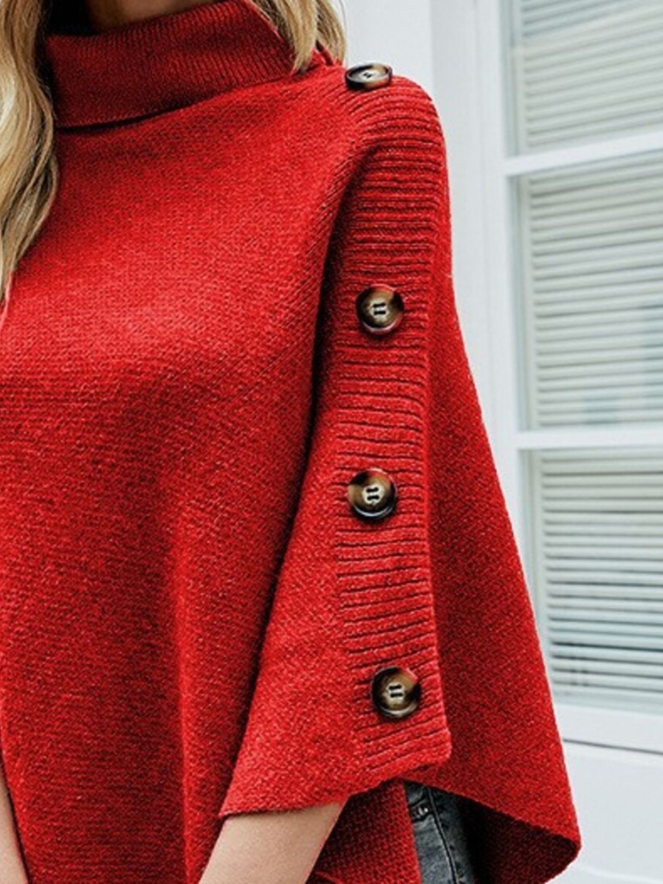 Button-Decor Turtleneck Poncho Pullover