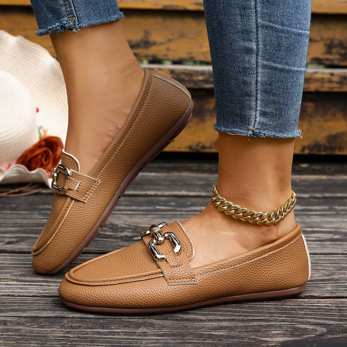 Buckle Decor Round Toe Slip-Ons