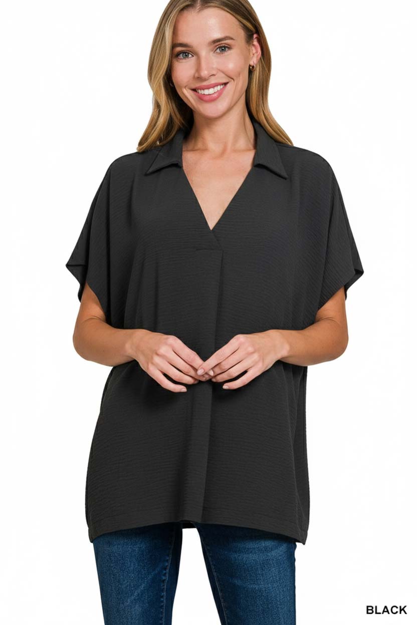 Woven Airflow Collared Short Sleeve Top