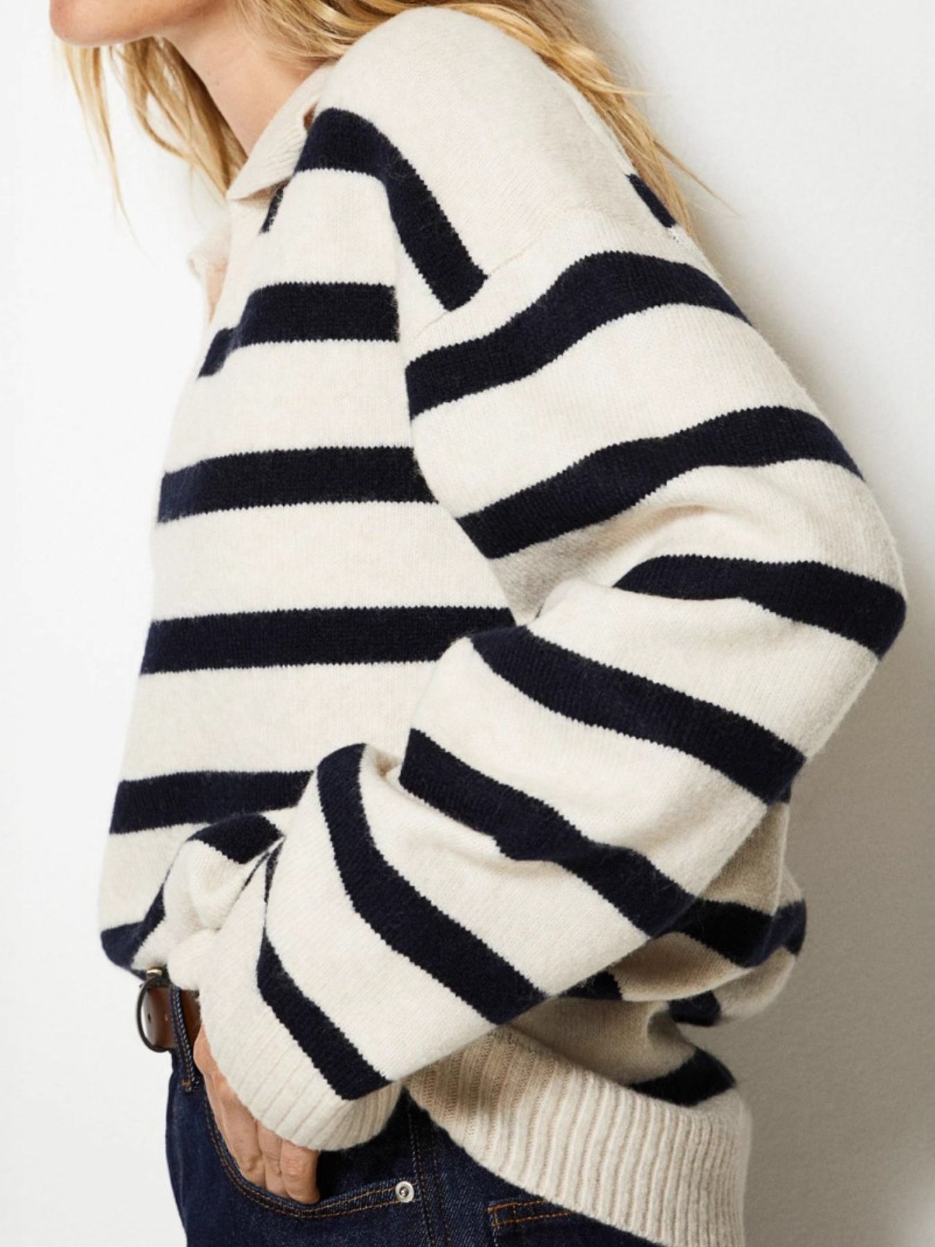 Striped Johnny Collar Long Sleeve Sweater