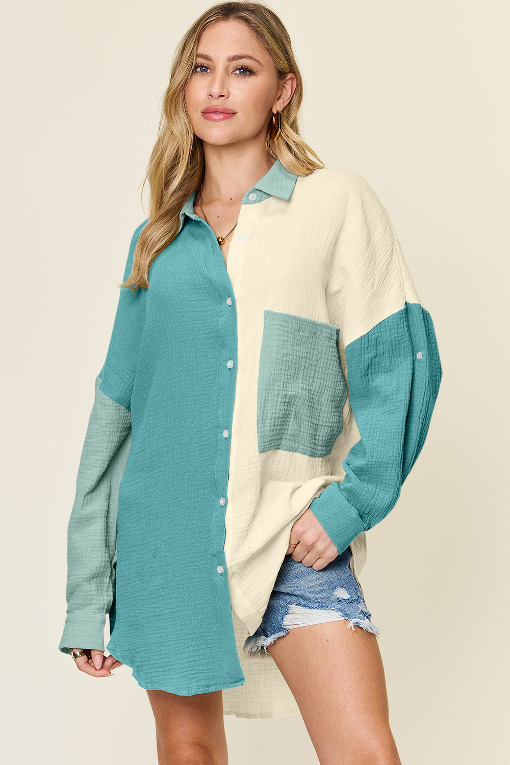 Double Take Full Size Pocketed Texture Button Up Shirt 1