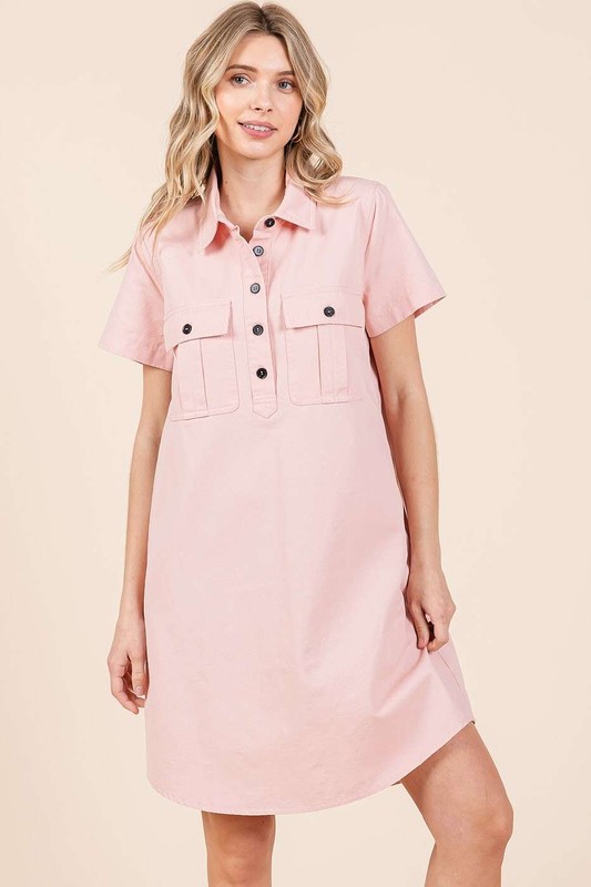 Button Detail Collared Neck Short Sleeve Shirt Dress