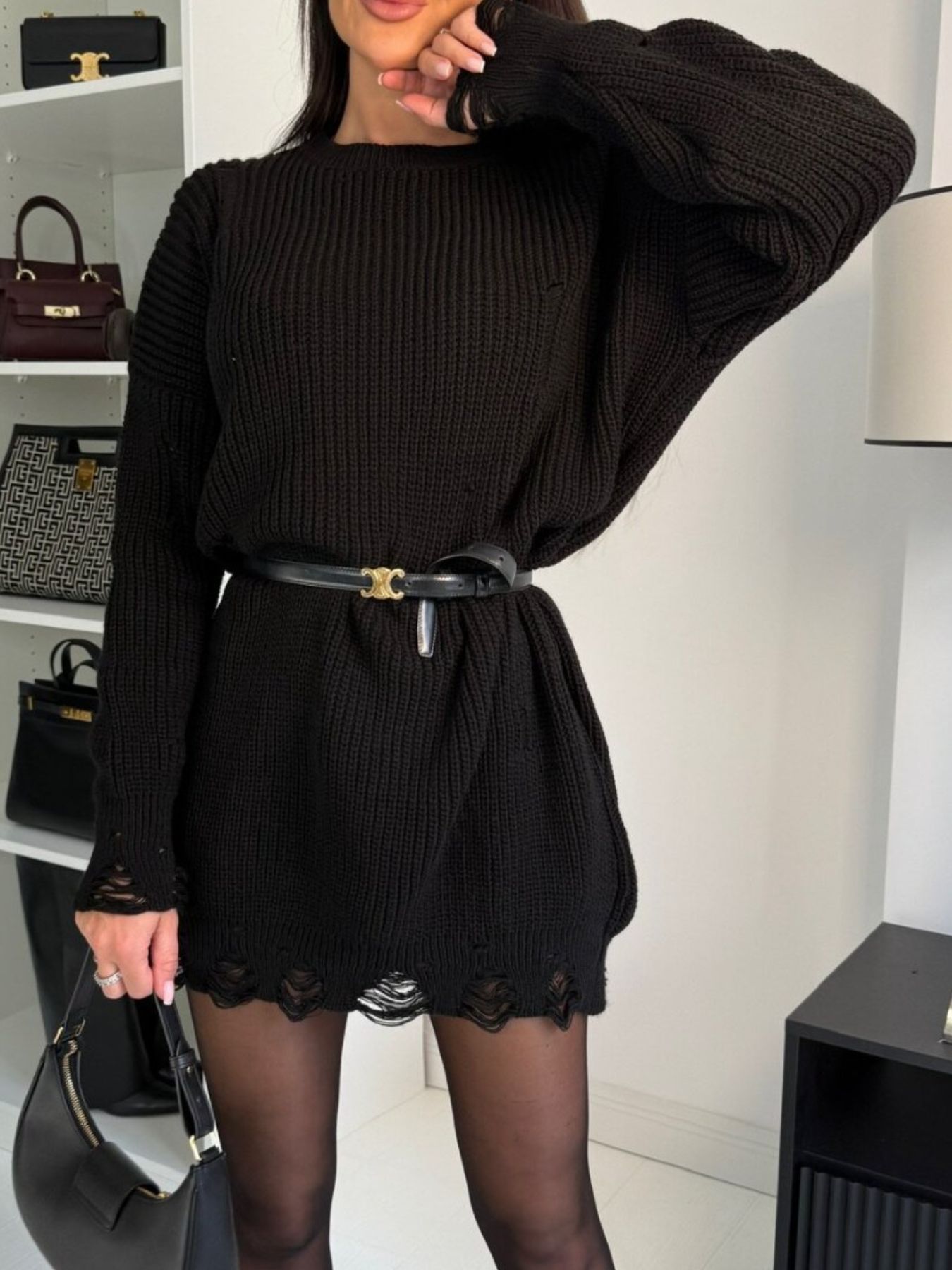 Distressed Round Neck Drop Shoulder Sweater Dress