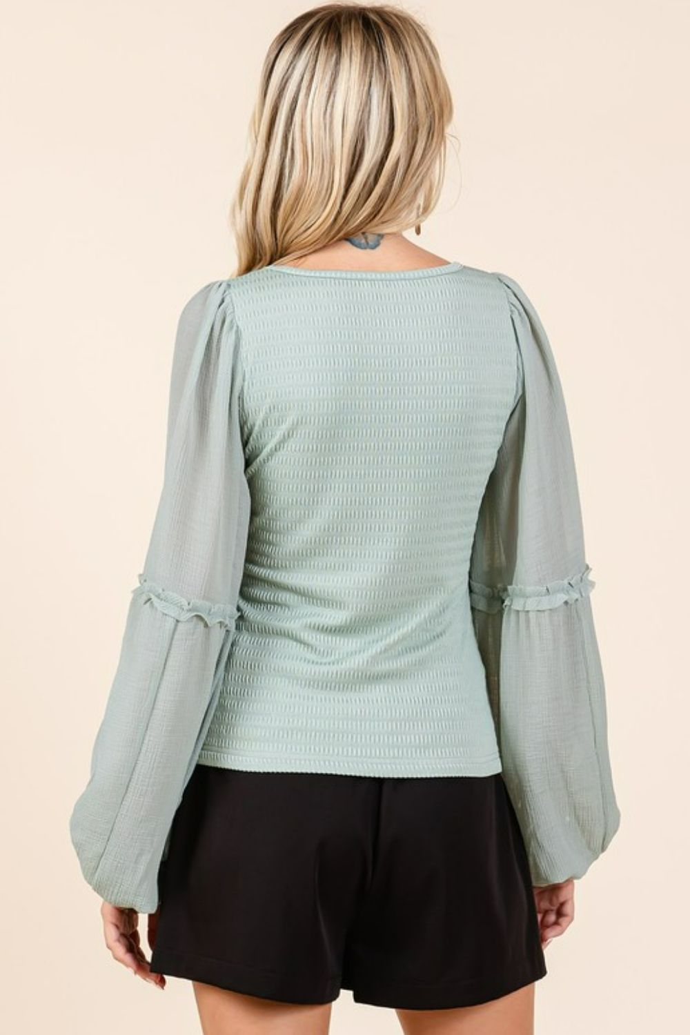 Mixed Media Textured Knit Chiffon Long Sleeve Top
