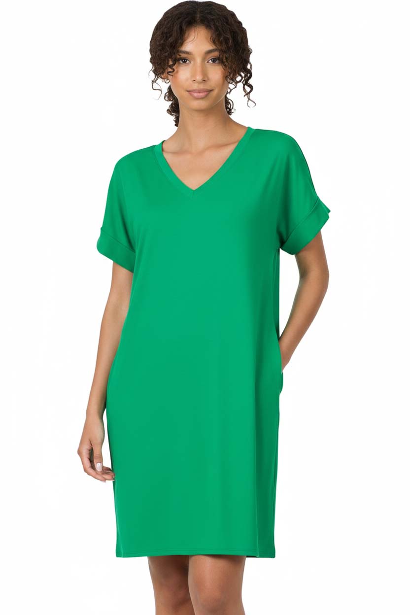 Brushed Dty Rolled Short Sleeve V-Neck Dress