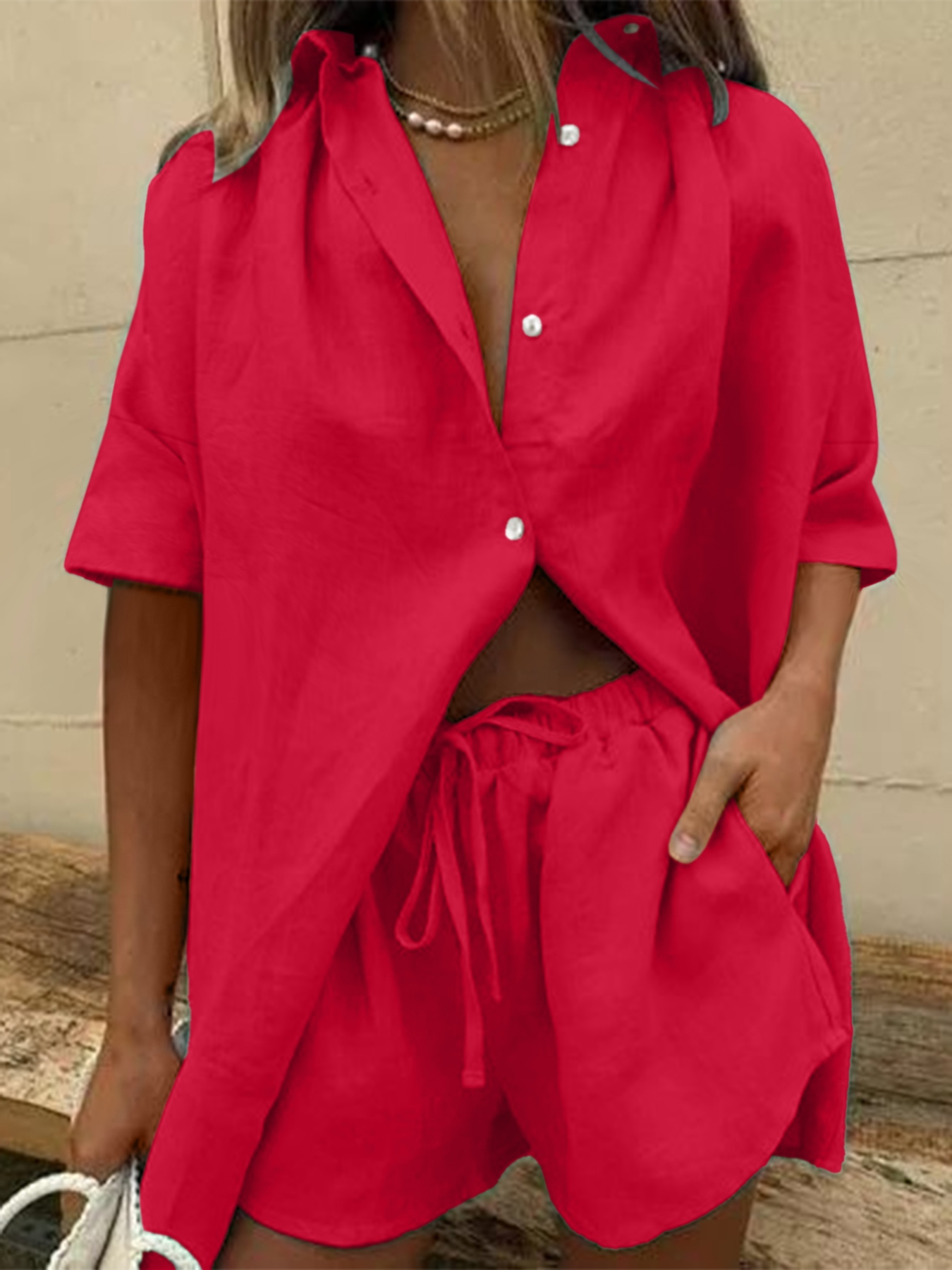 Button Front Shirt and Shorts Set