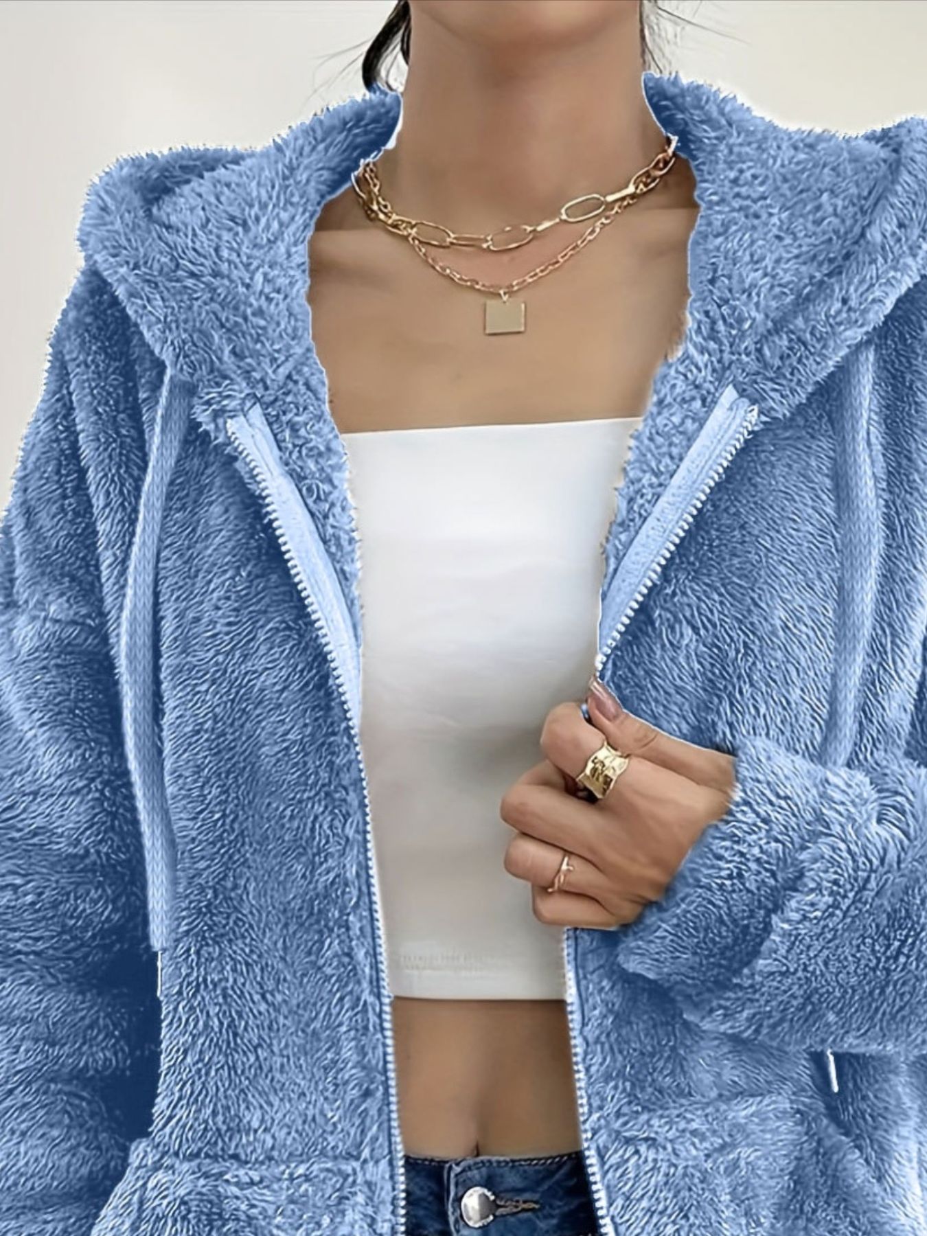 Drawstring Fleece Zip-Up Outerwear