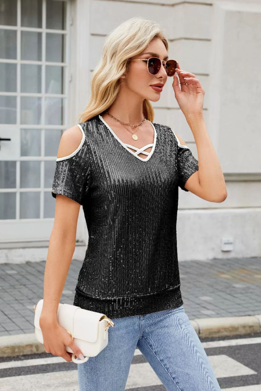 Sequin Crisscross V-Neck Cold Shoulder Blouse