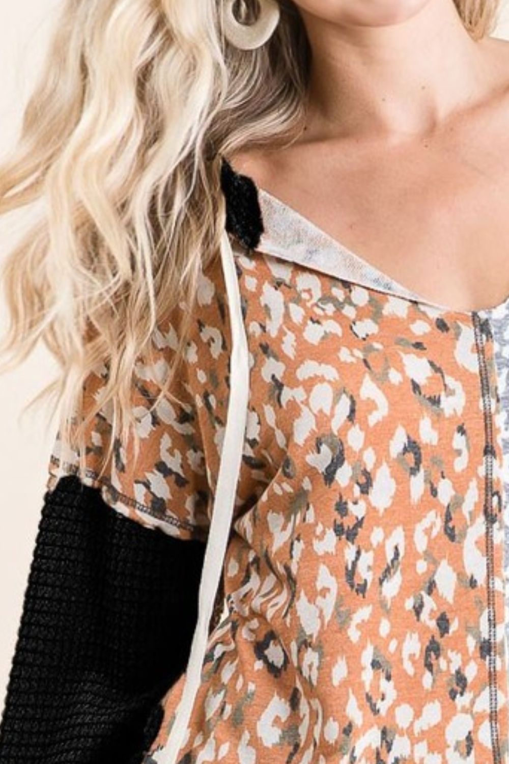 Popcorn Waffle Knit Hoodie with Print Block Front