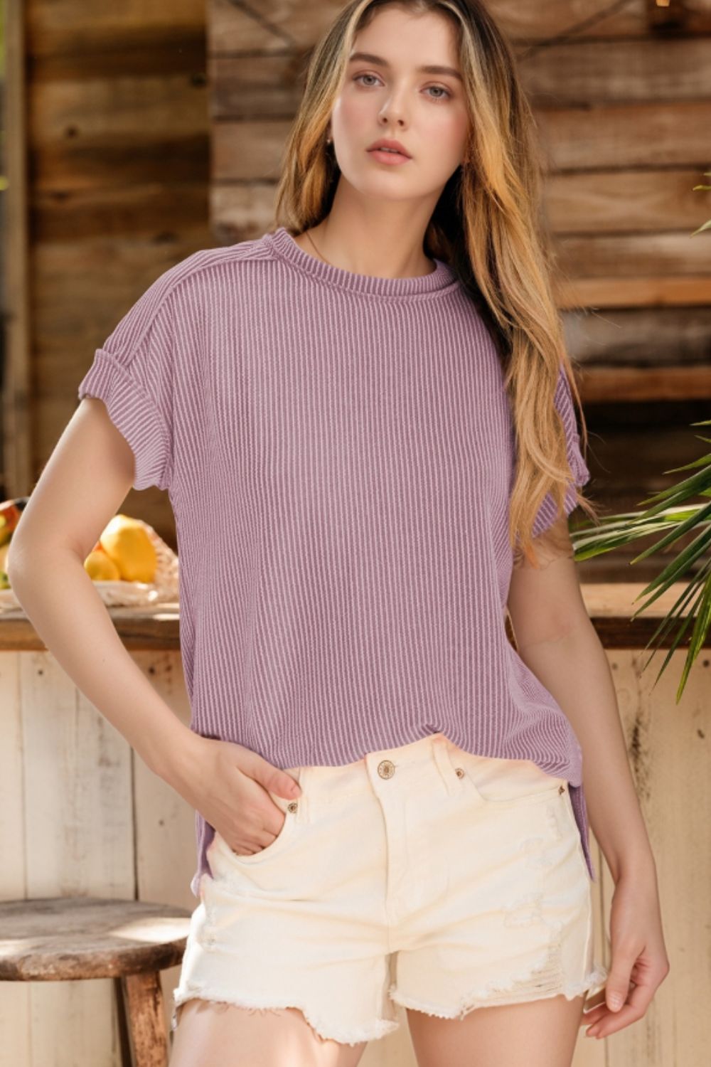 Casual Ribbed Short Sleeve Round Neck T-Shirt