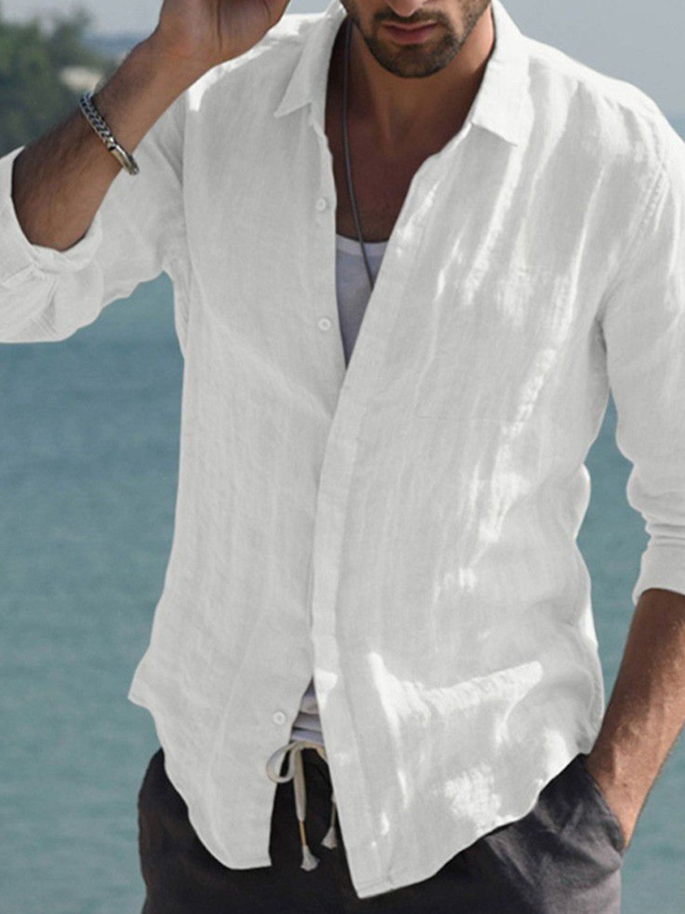 Men's Full Size Casual Linen Long Sleeve Shirt Plus Size