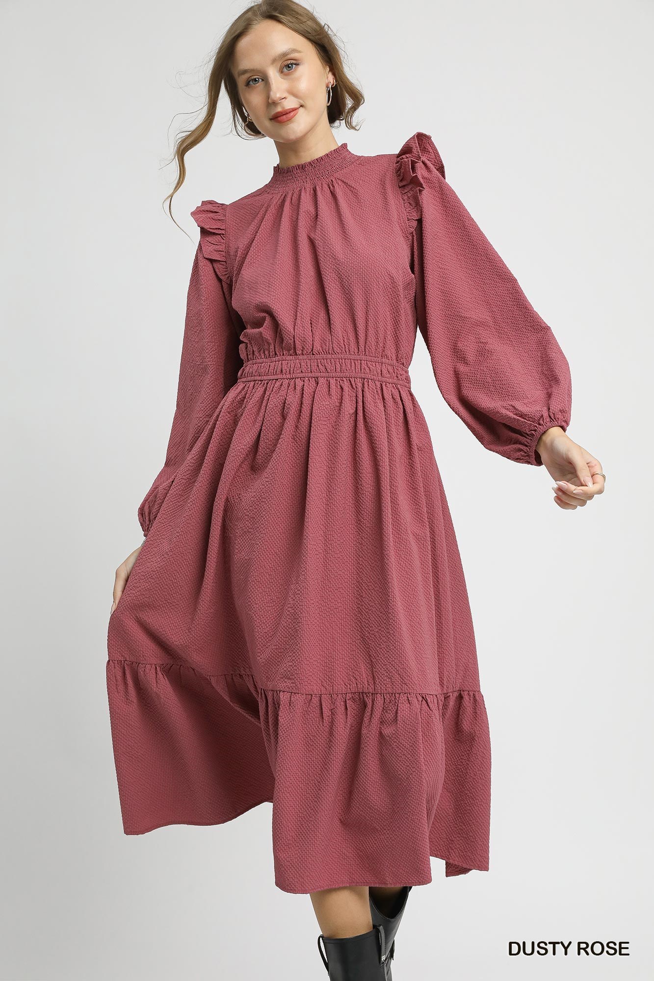 Umgee Textured Midi Dress with Ruffle Shoulder Detail