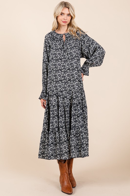 Printed Tie Neck Flounce Sleeve Midi Dress