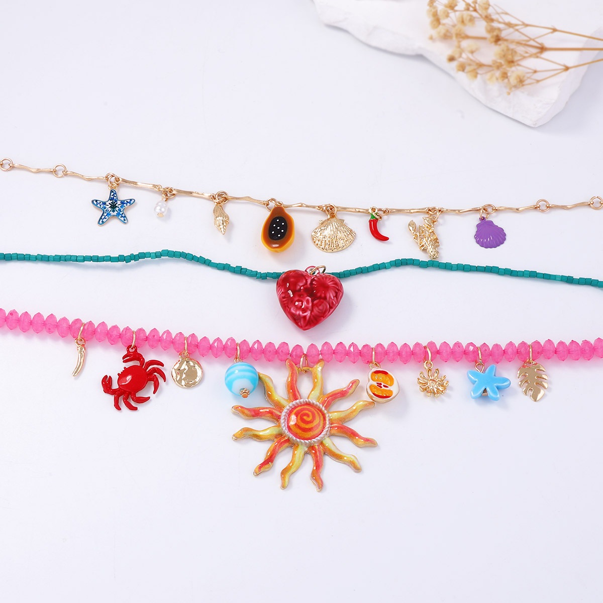 3-Piece Vibrant Summer Beach Charm Necklace