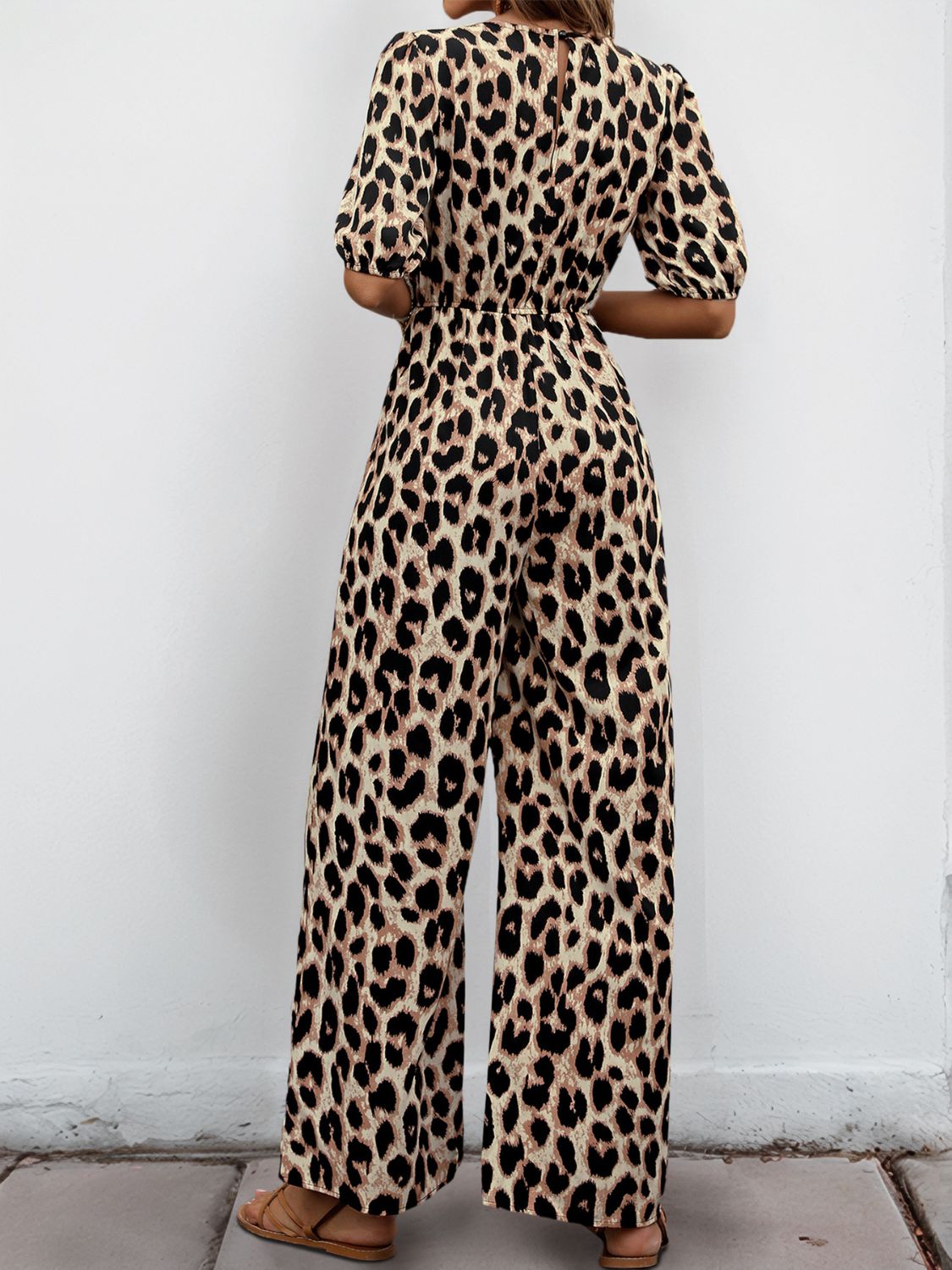Tied Leopard Half Sleeve Jumpsuit