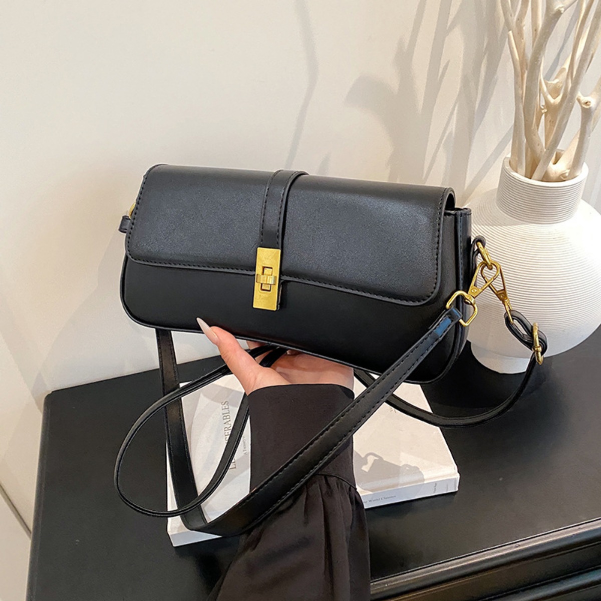 Rectangular Crossbody Bag with Golden Buckle