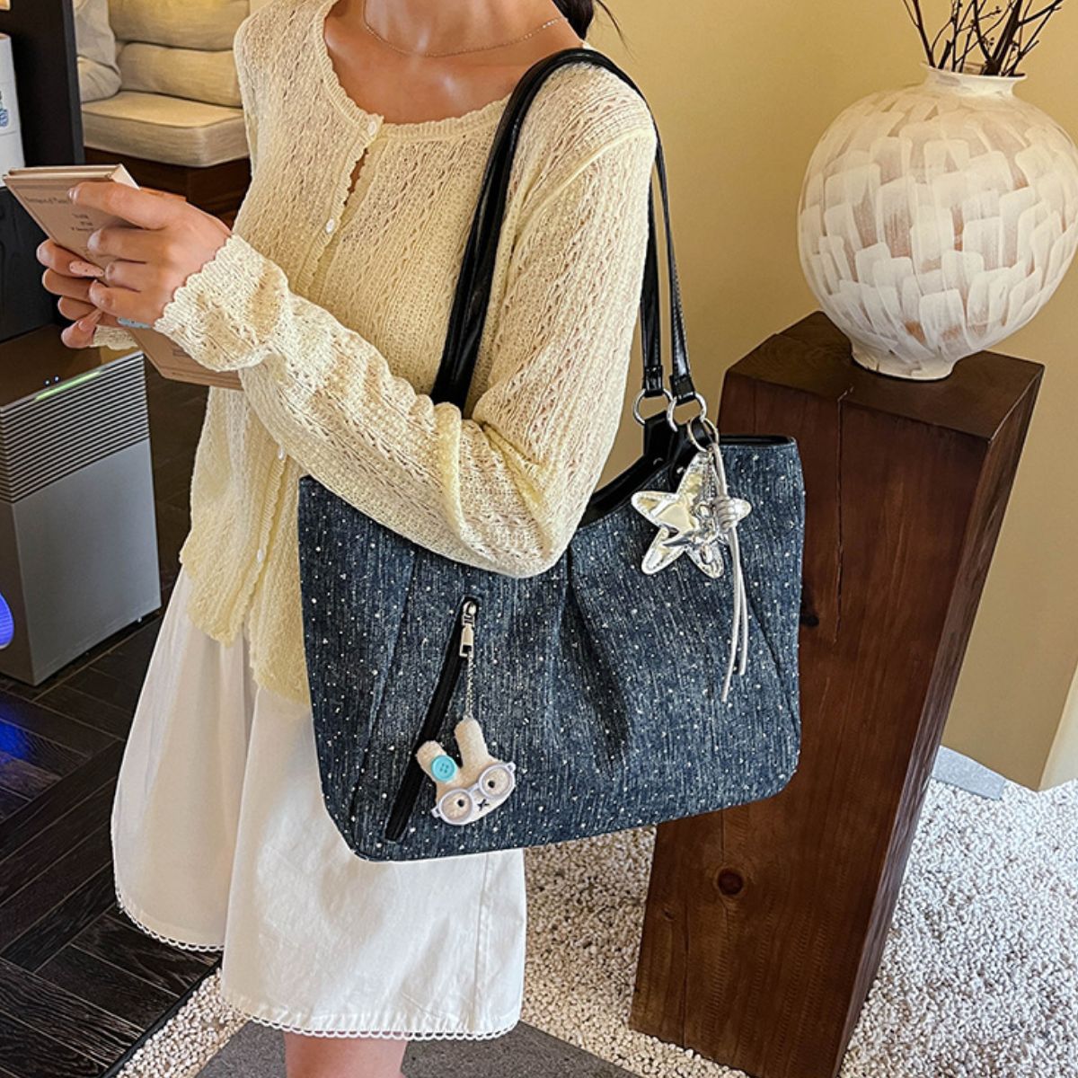 Polka Dot Denim Shoulder Bag