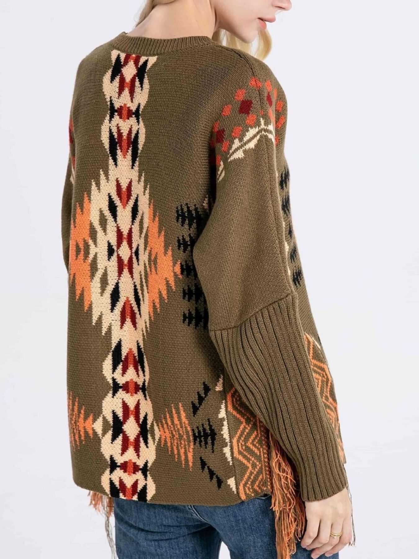 Geometric Pattern Fringe Sweater