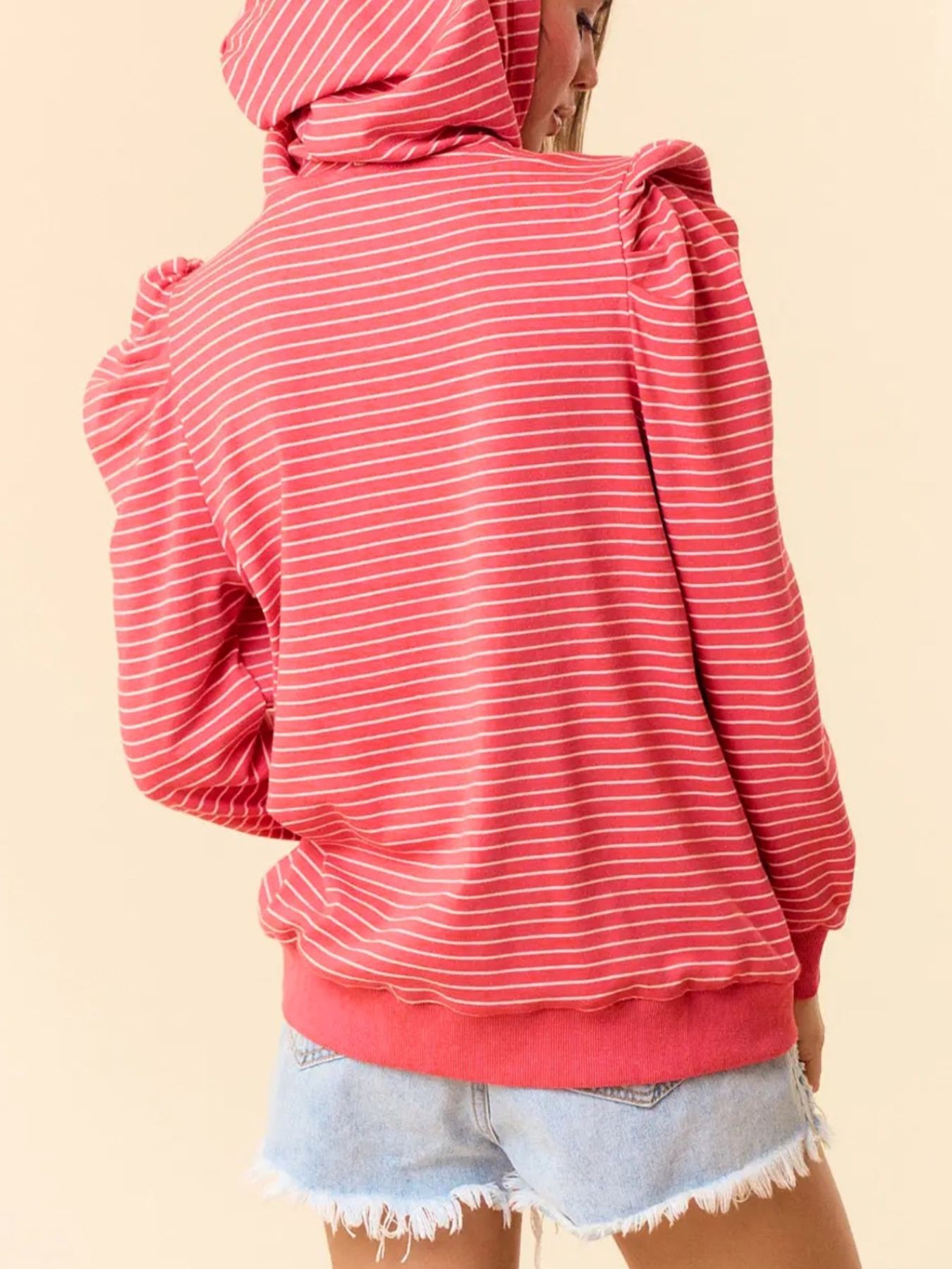 Striped Puff Sleeve Hoodie with Drawstring